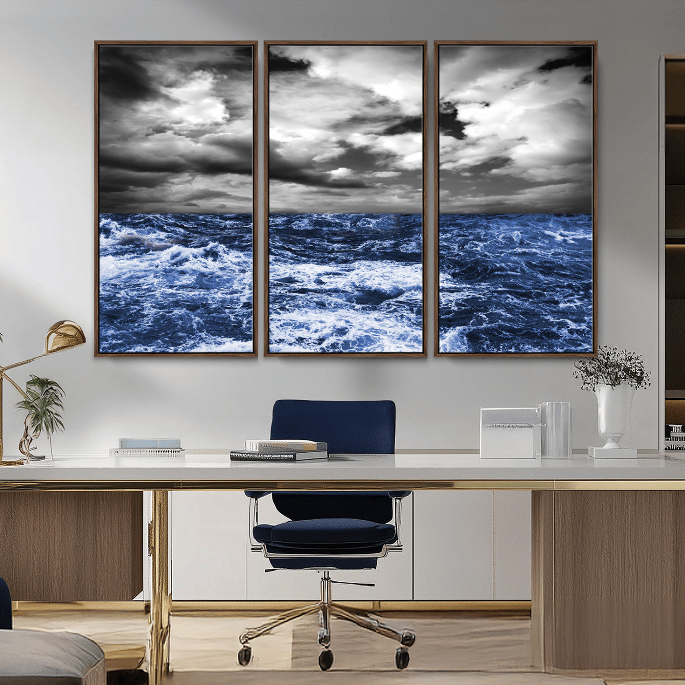 Moody canvas wall art of a stormy ocean under a dramatic black-and-white sky, perfect for bold or coastal-style interiors.