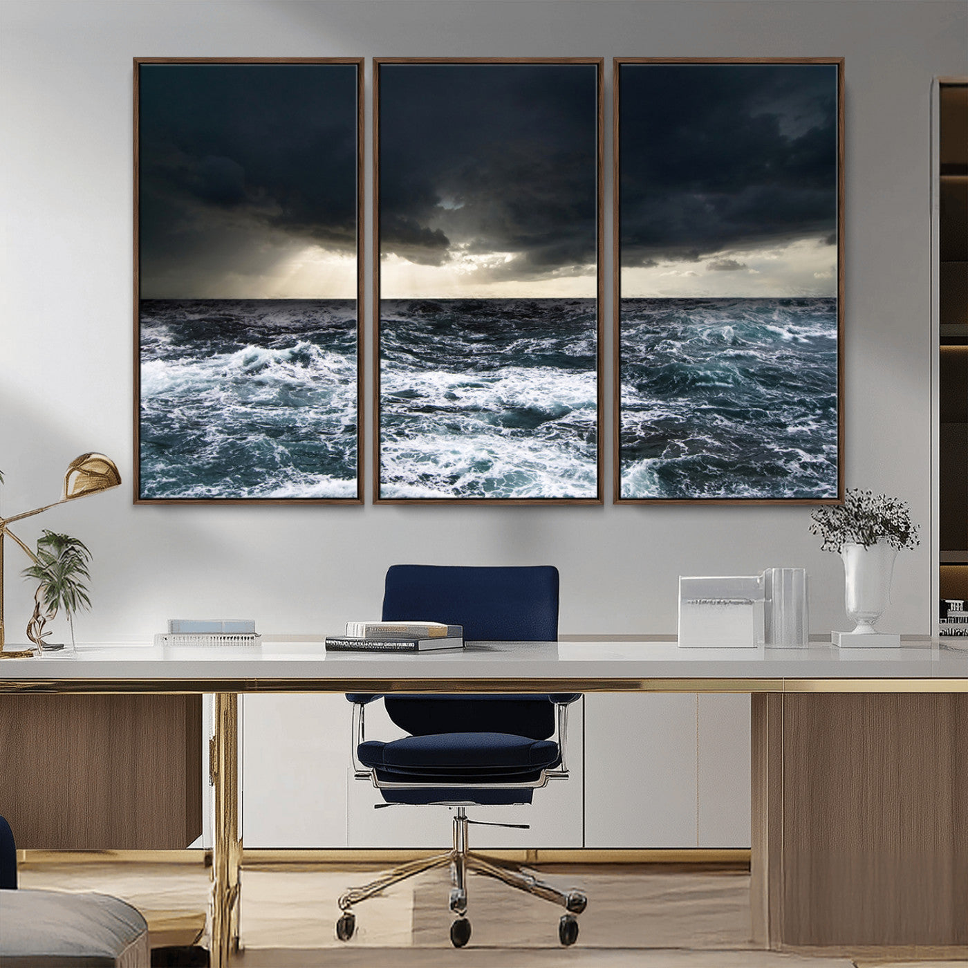 Moody ocean scene with stormy skies and crashing waves, perfect for dramatic or coastal-style home wall decor.