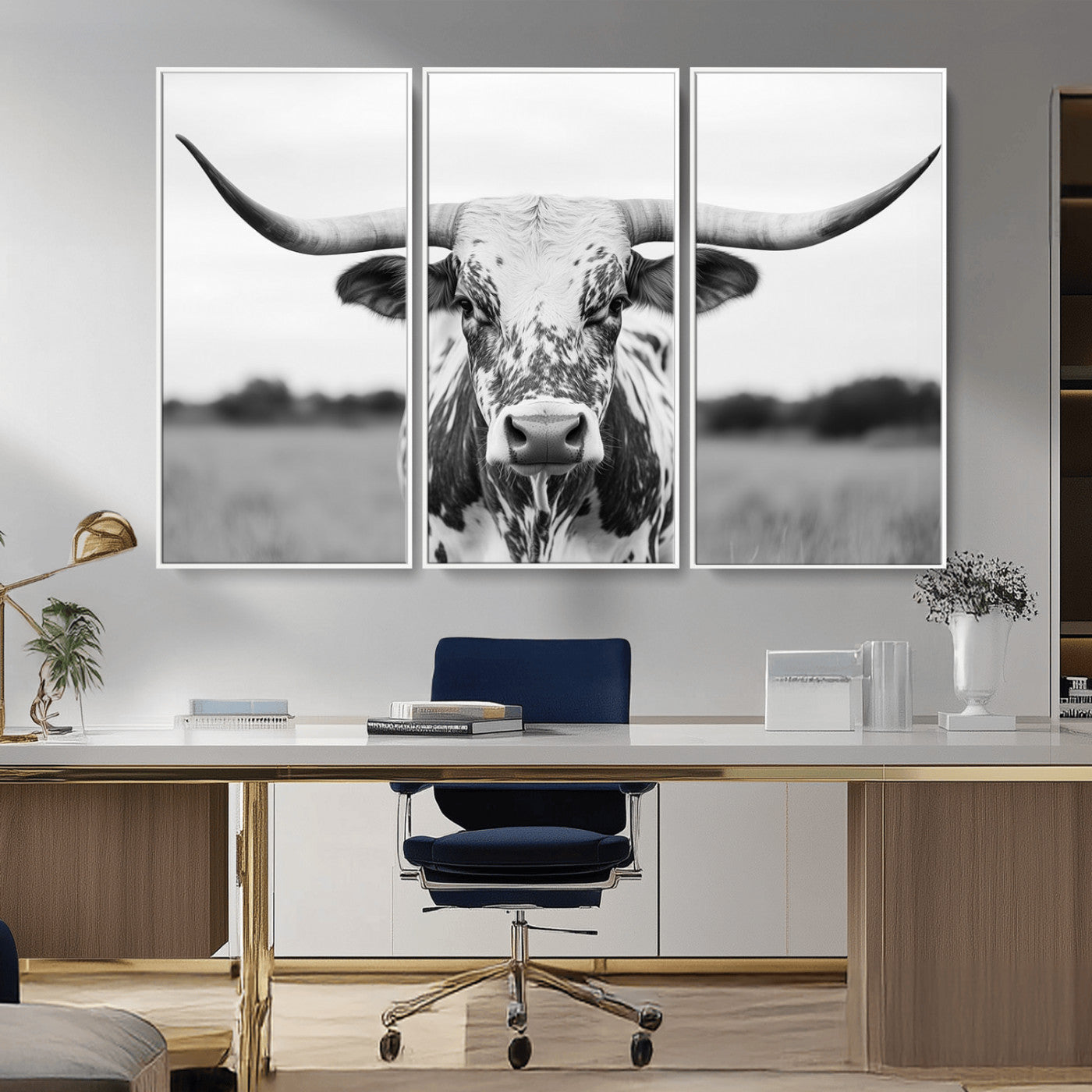 Capture the strength and elegance of nature with this striking black and white portrait of a longhorn cow. Its powerful presence makes a bold statement in any room.