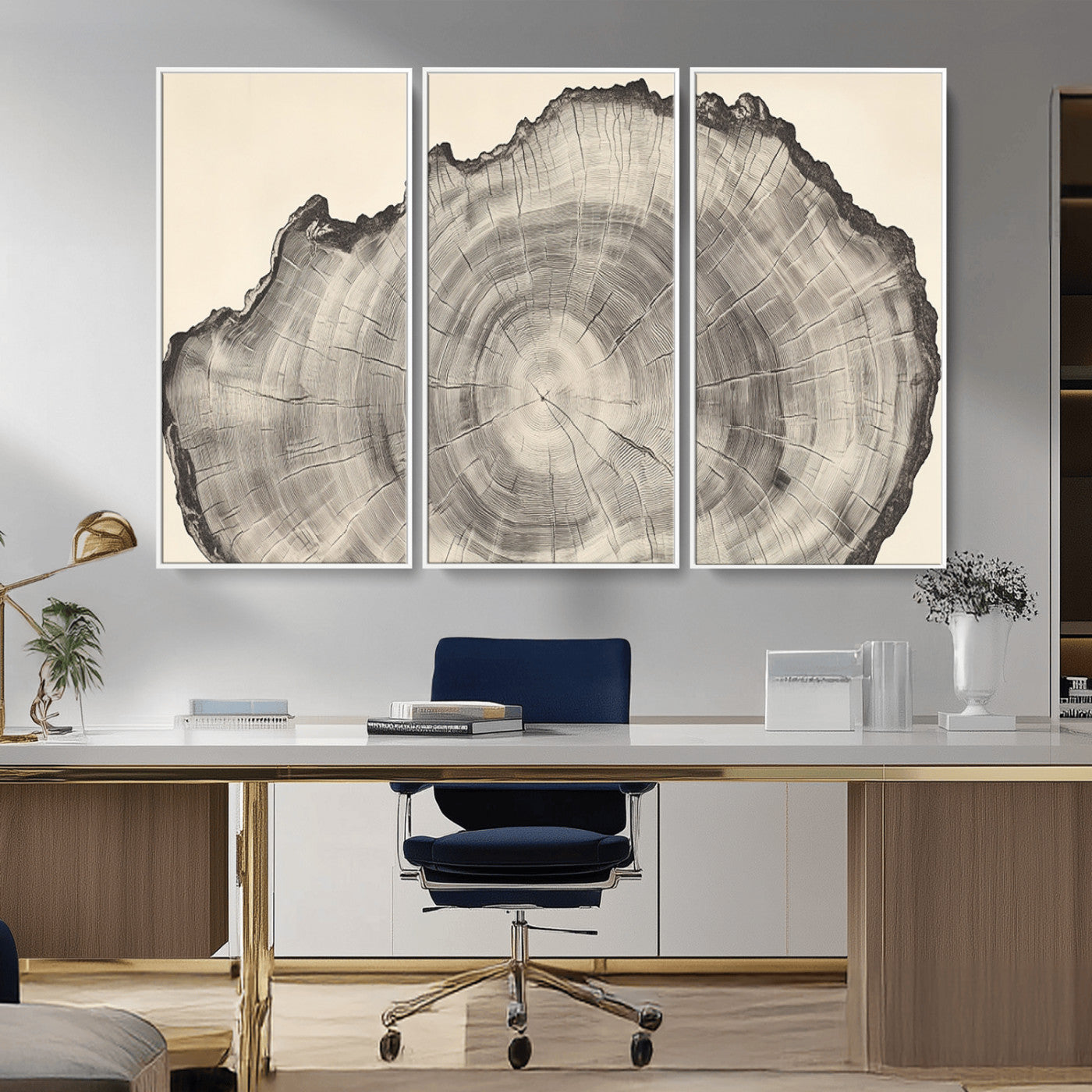 Detailed tree ring drawing in monochrome tones, ideal for rustic or nature-inspired interiors with a minimal decor aesthetic.