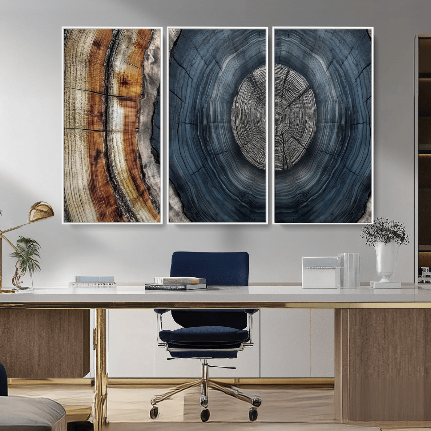 A stunning close-up of a tree trunk showing the intricate, circular growth rings, showcasing the natural textures and rich contrasts in deep blues, browns, and silvers.