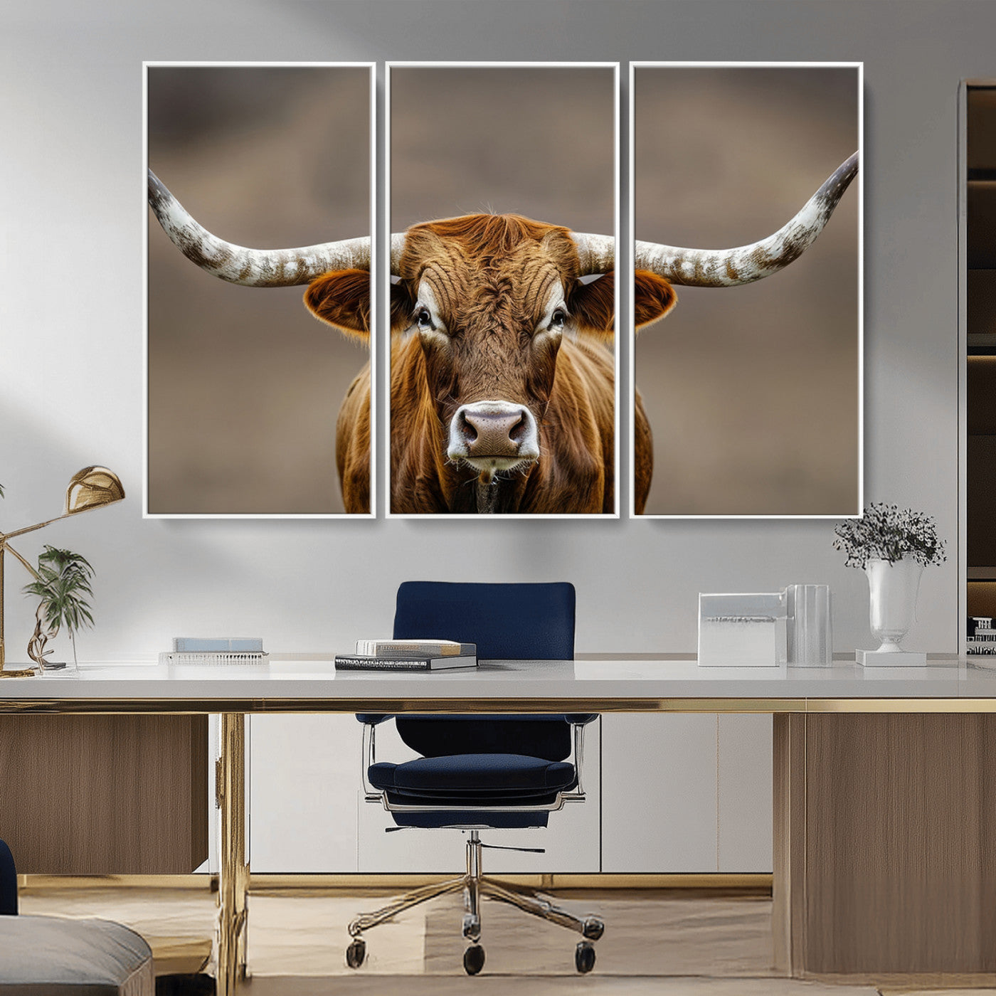 Close-up of a Texas Longhorn with strong curved horns and warm brown tones, perfect for rustic or western-style wall decor.