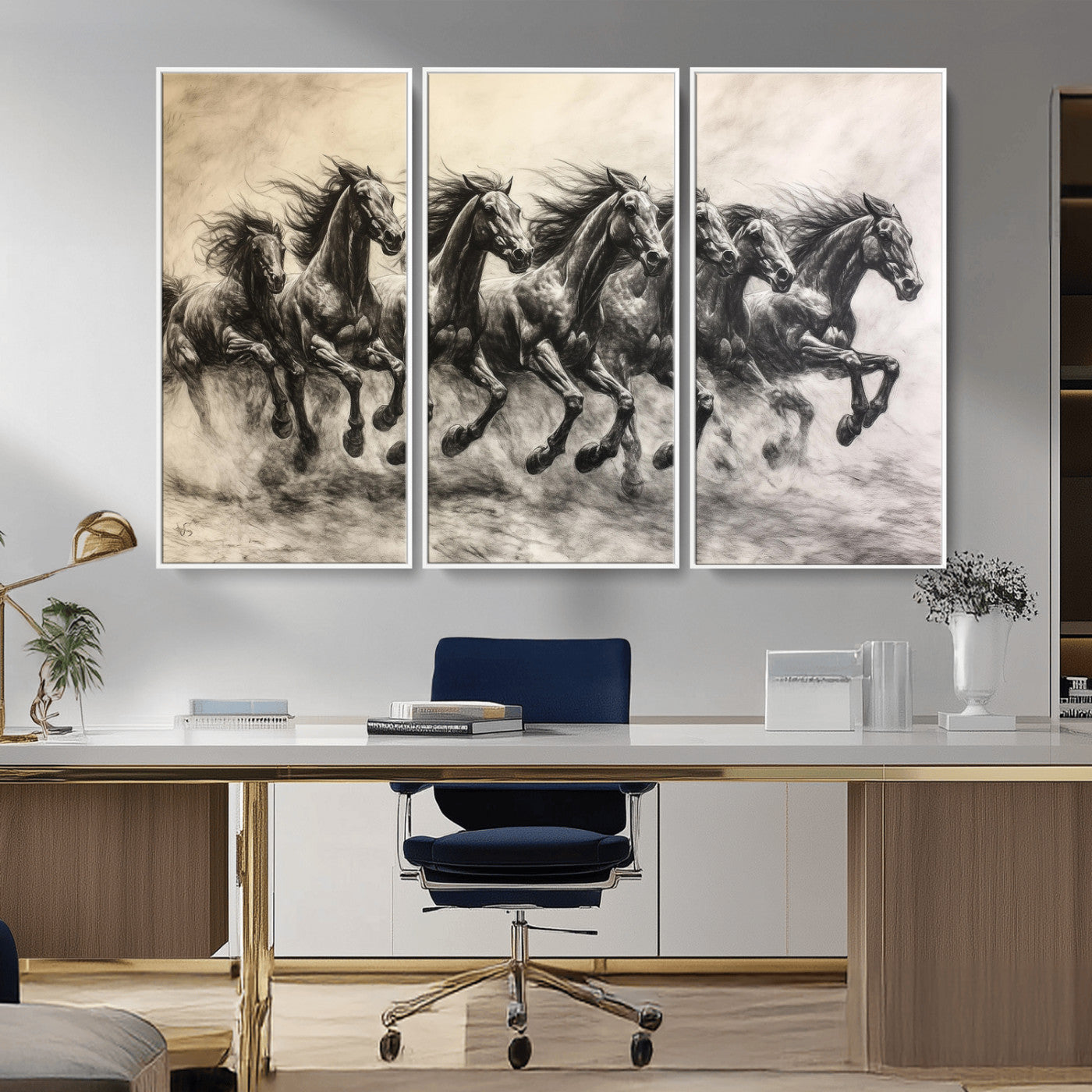 Monochrome drawing of a herd of galloping horses, perfect for dynamic and wild-themed decor in any equestrian or nature-inspired room.