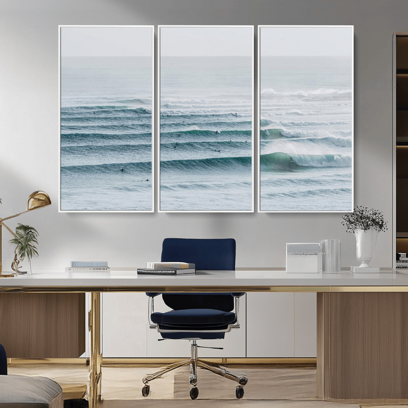 High-angle view of surfers lining up across layered ocean waves, ideal for minimal coastal or surf-inspired room decor.