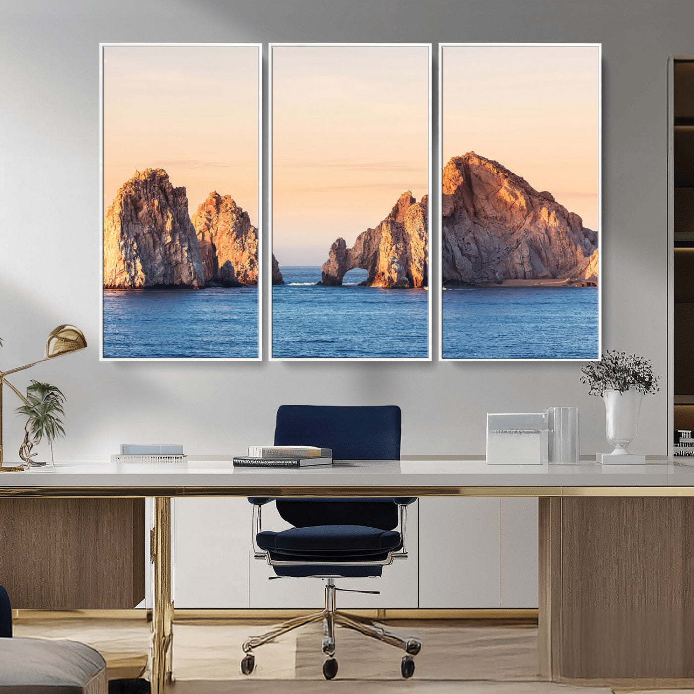 Framed canvas of El Arco rock formation in Cabo San Lucas at golden hour, ideal for coastal landmark or ocean-inspired decor.