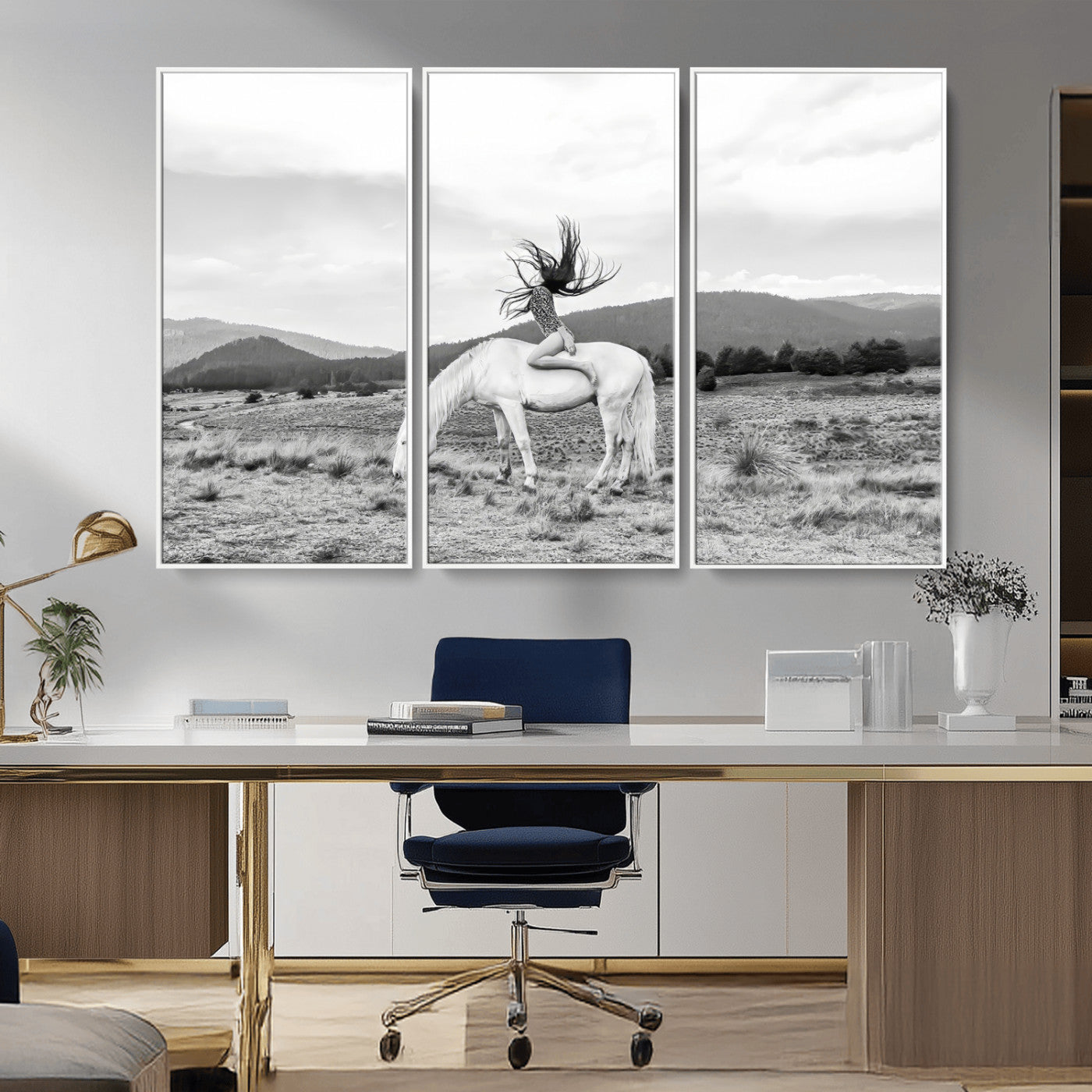 Black and white photo of a woman on a white horse in moody tones, ideal for Western Boho or modern rustic-style home decor.