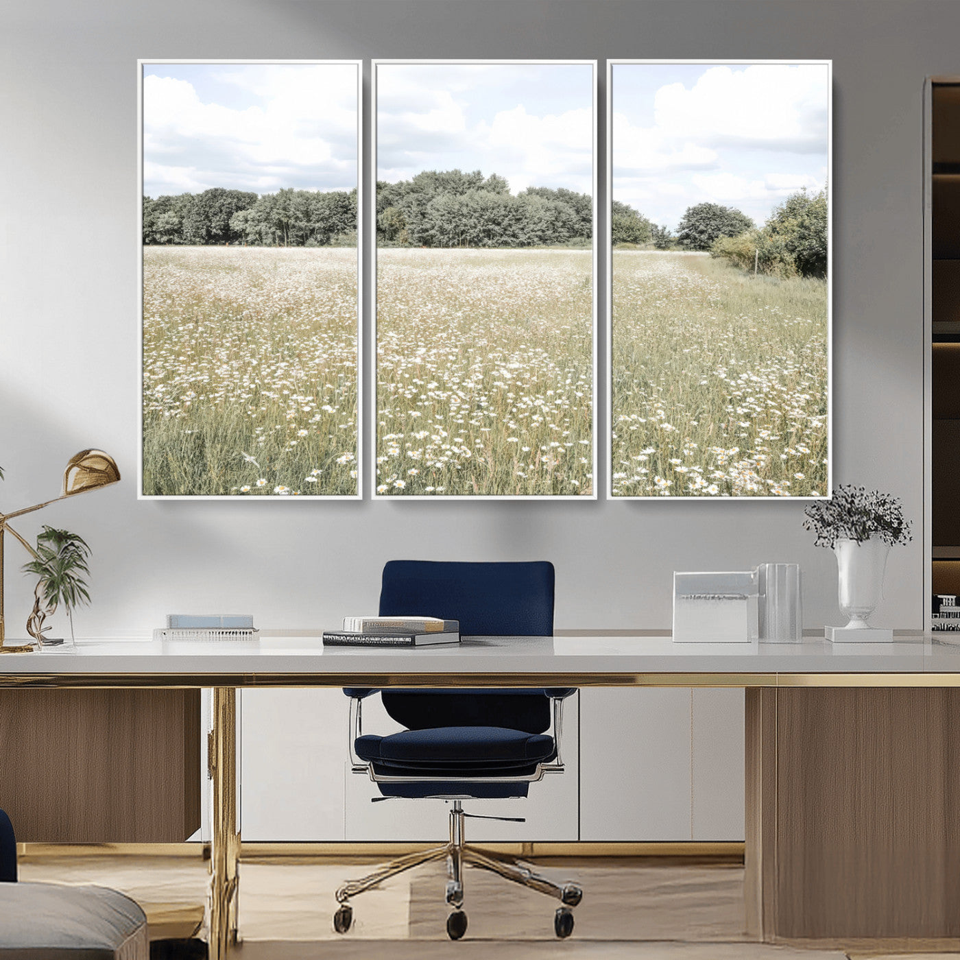 Soft-toned image of a wild daisy field under a cloudy sky, ideal for neutral or Scandinavian-inspired home decor.