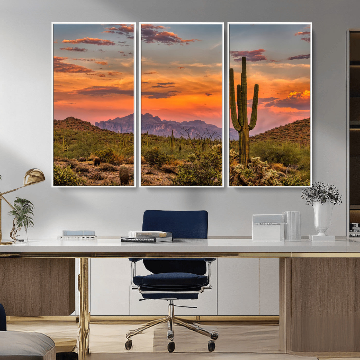 Vibrant desert sunset with saguaro cacti and distant mountains, perfect for Southwestern or warm-toned home decor.