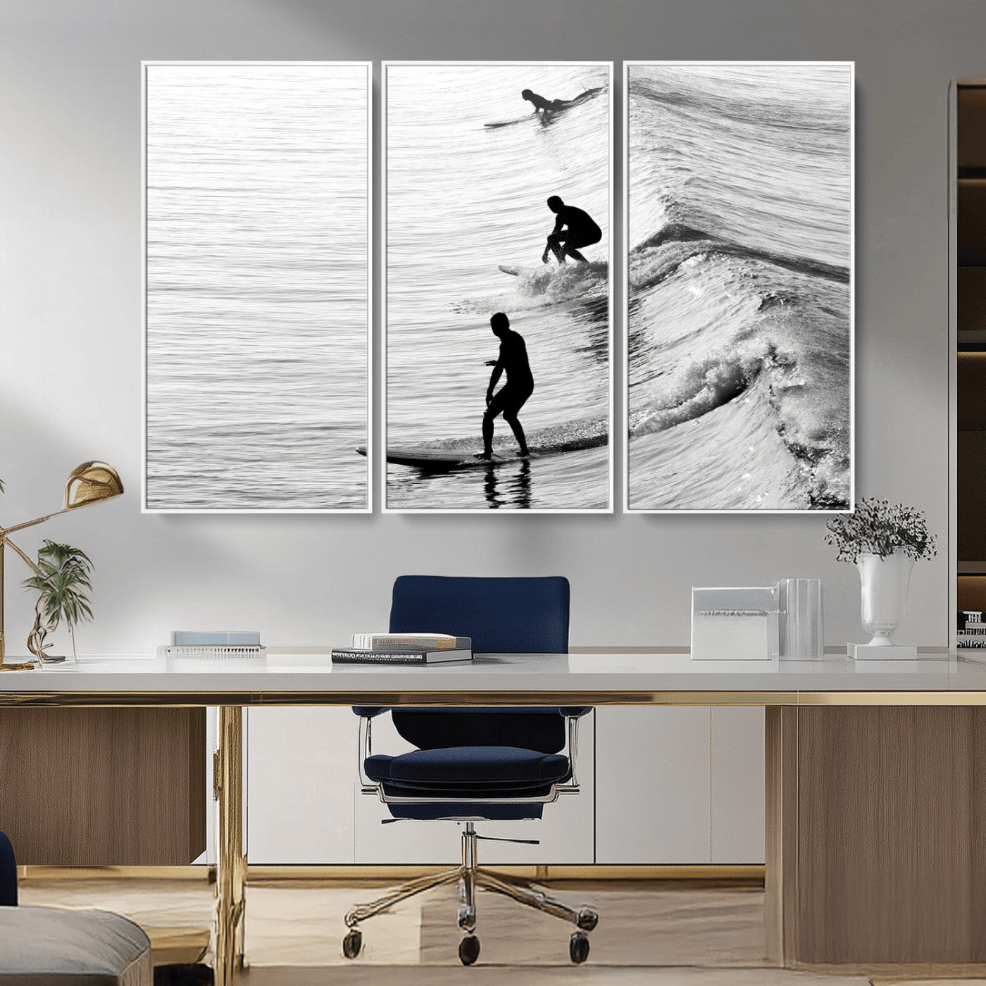 Black and white photo of surfers riding waves in a moody, high-contrast scene, ideal for modern coastal or surf-inspired home decor.