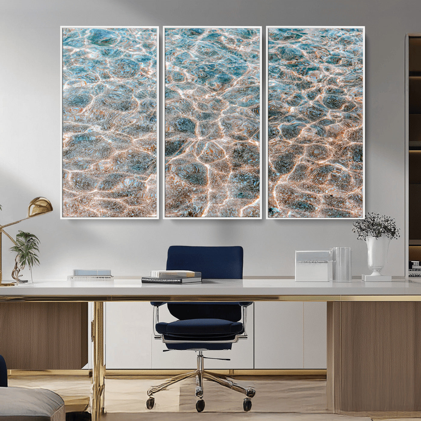 Close-up of sunlit ocean ripples with aqua blue and golden tones, ideal for modern coastal or minimalist home decor.