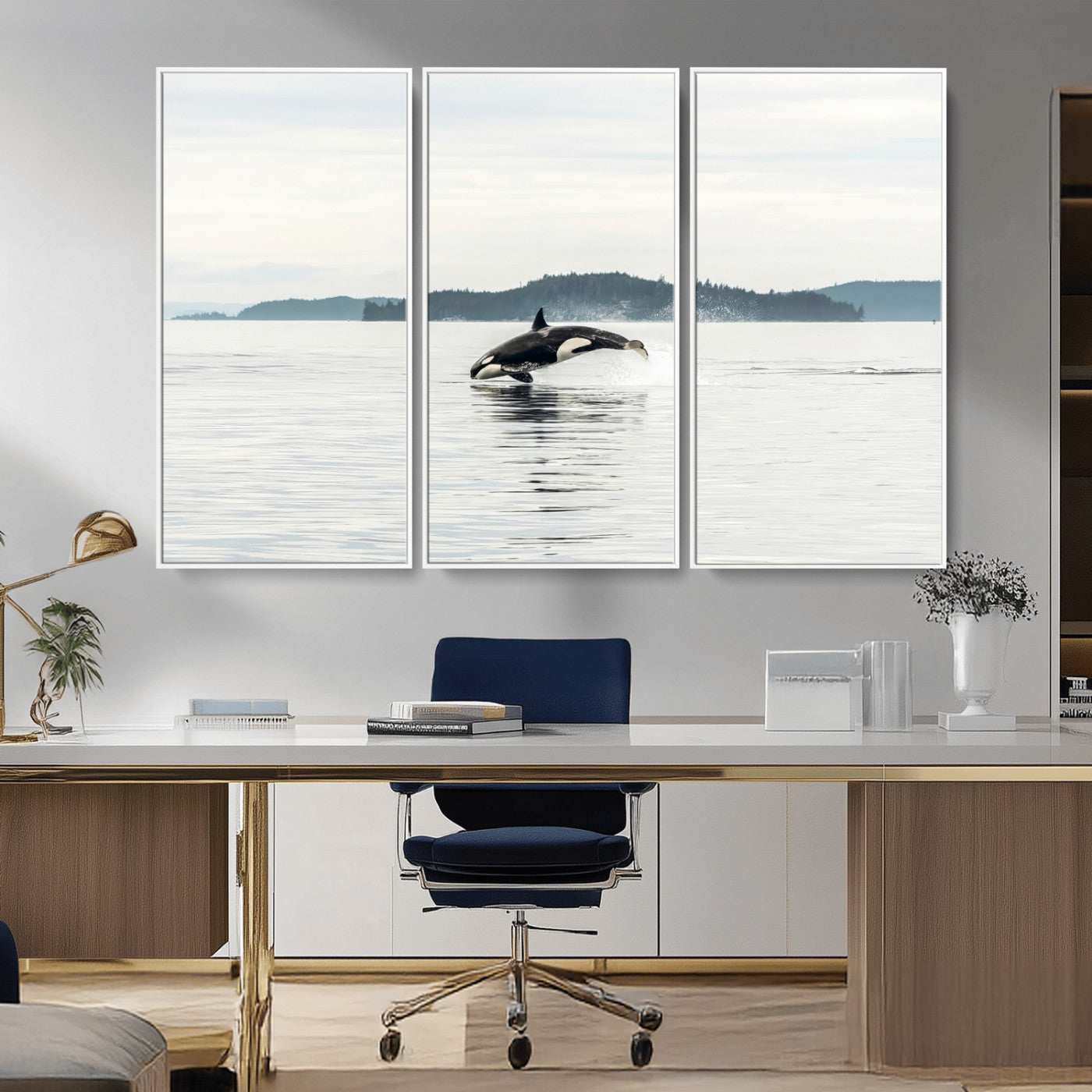 An orca jumping out of calm ocean waters with a misty island in the background, creating a serene and minimalist marine wildlife scene.