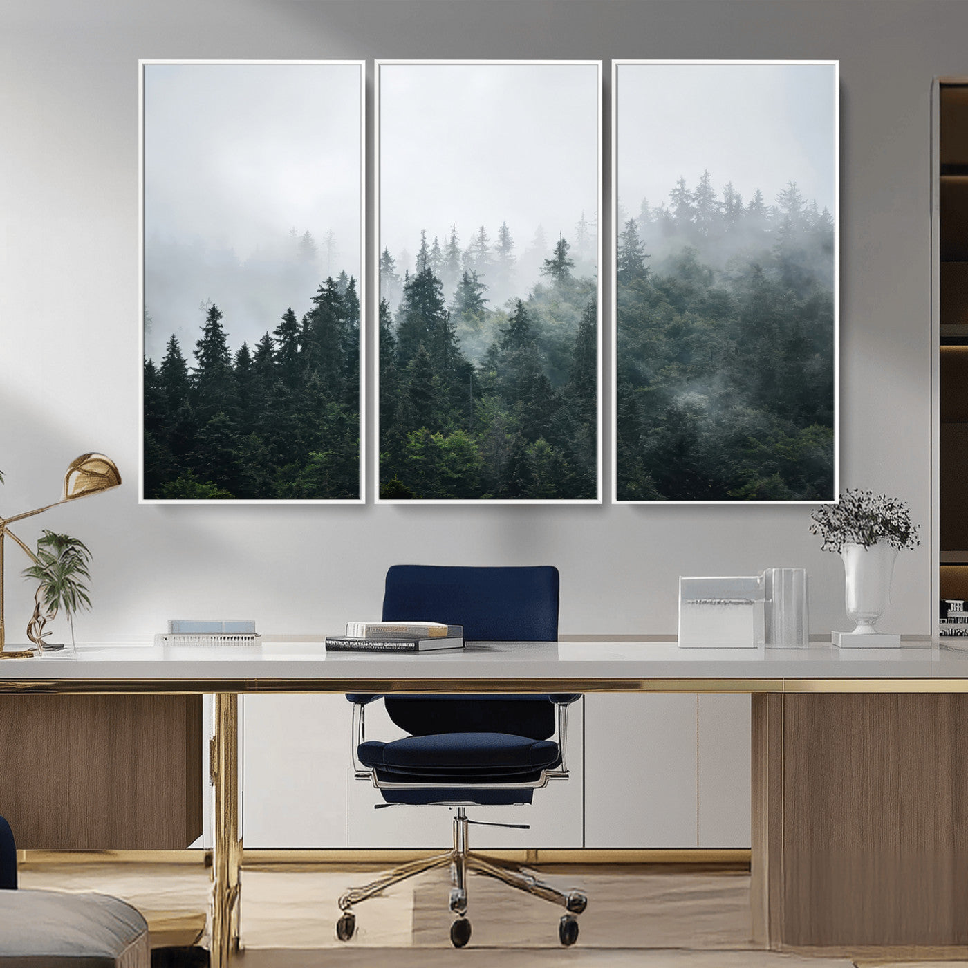 A misty evergreen forest shrouded in soft fog, creating a tranquil and moody landscape with lush green trees fading into the distance.