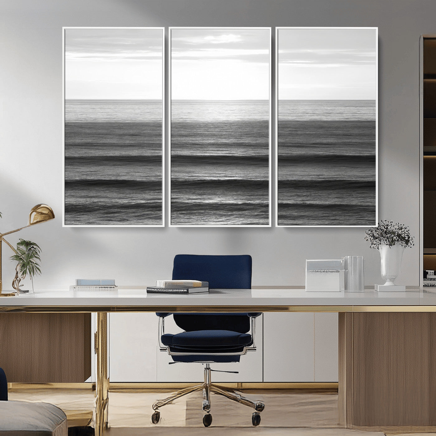 Minimalist black and white ocean view with layered waves reflecting sunlight, evoking a sense of calm and coastal serenity.