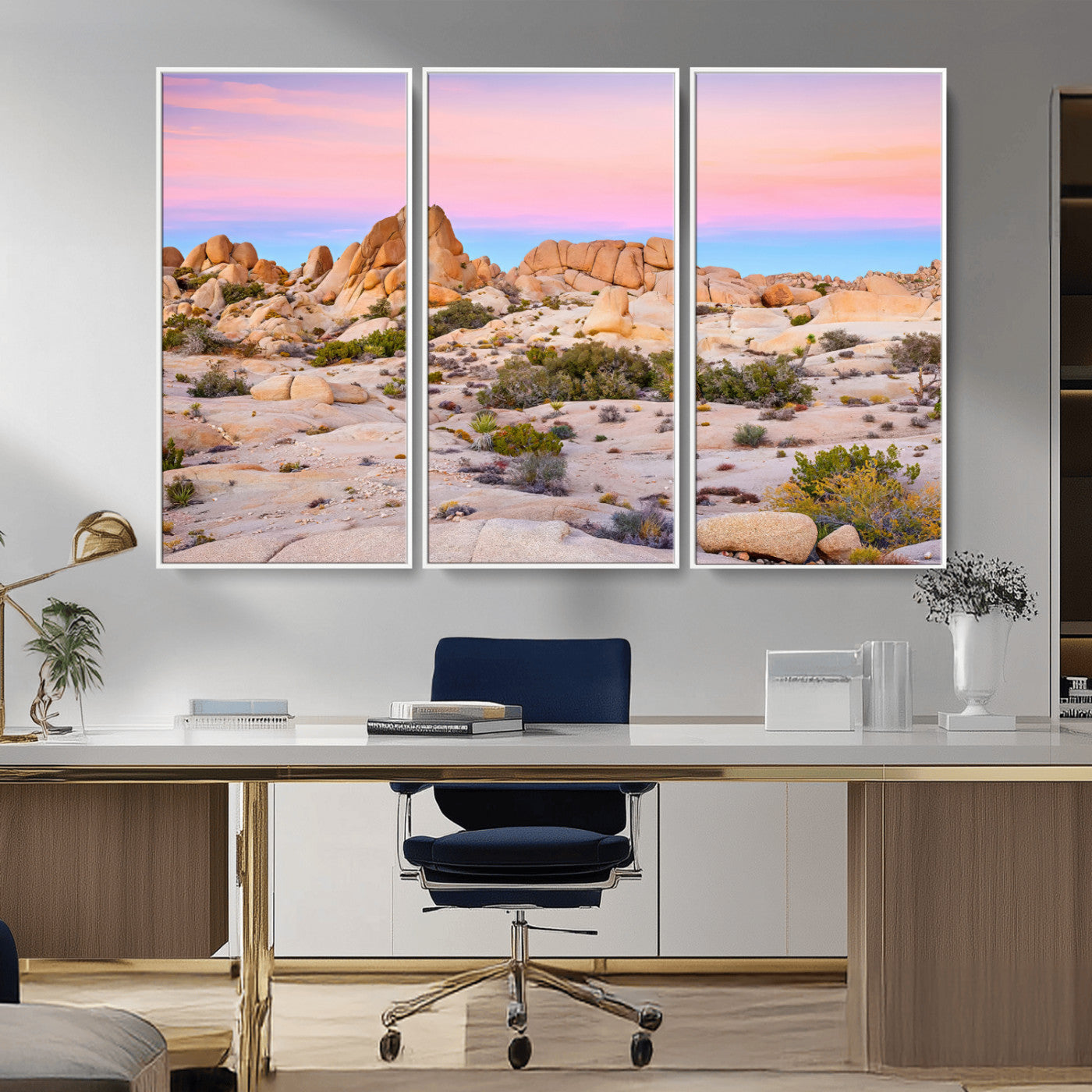 A breathtaking desert landscape featuring rugged rock formations under a vibrant pastel sunset sky, capturing the warmth and serenity of a Southwestern wilderness.