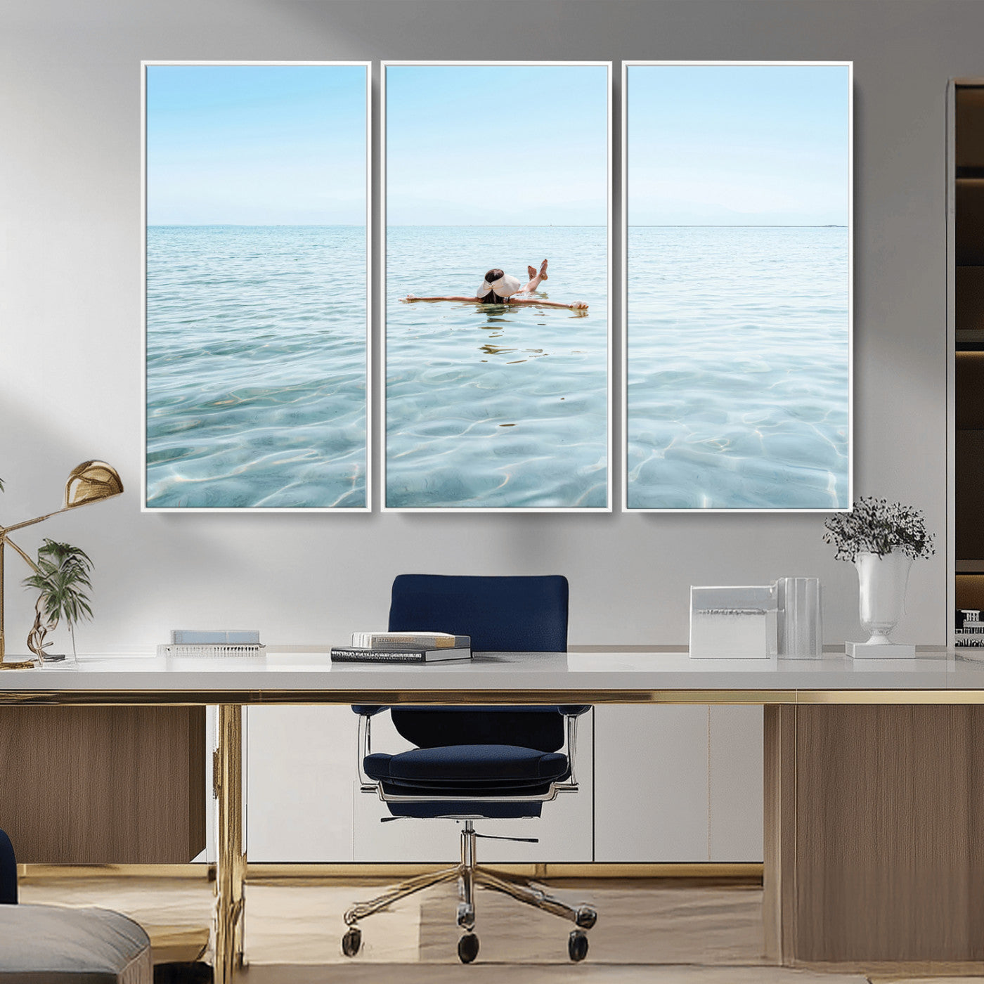 A peaceful minimalist scene of a person floating on crystal-clear water, surrounded by a vast open horizon, capturing relaxation and serenity in a tranquil aquatic setting.
