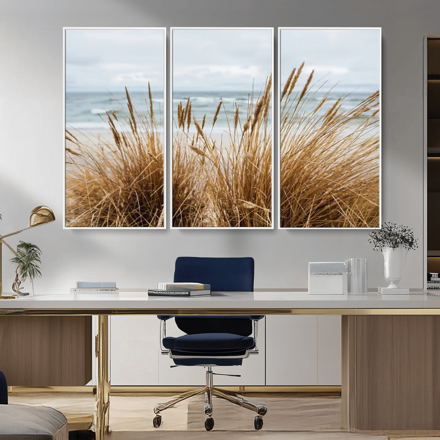 Canvas of golden beach grass swaying by the ocean under a soft cloudy sky, perfect for neutral-toned or coastal minimalist decor.
