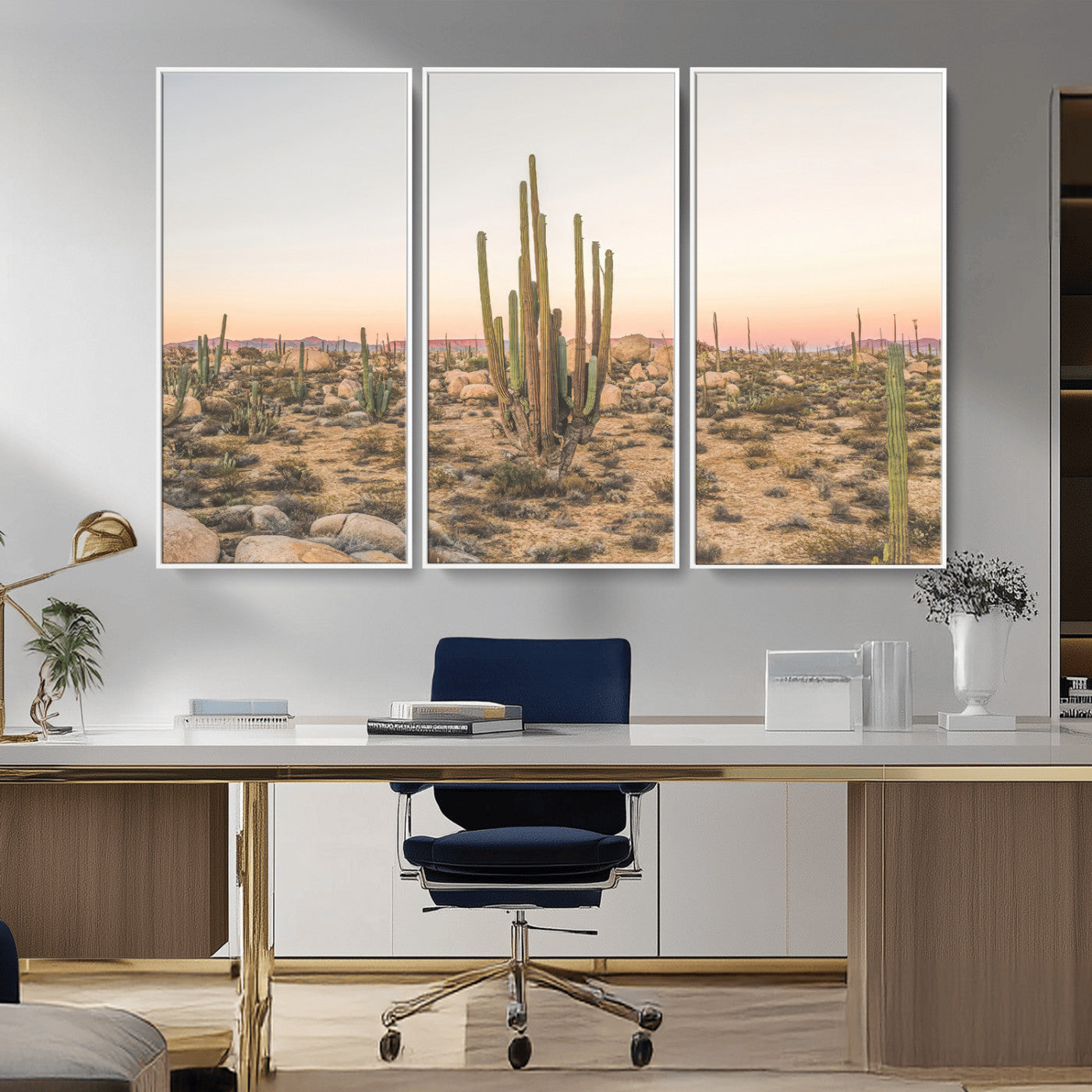 Canvas of tall desert cacti in warm sunset tones over a rocky Baja landscape, ideal for earthy or Southwestern-style home decor.