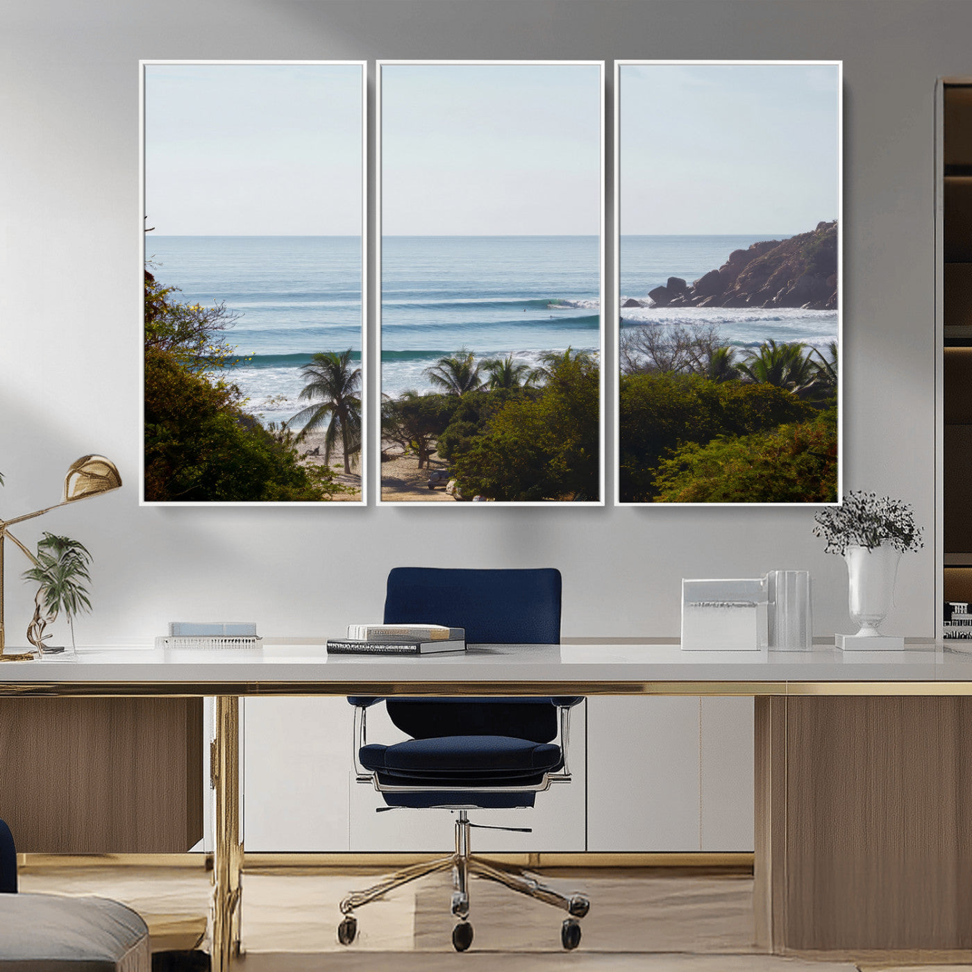 View of calm ocean waves with palm trees and a tropical coastline, ideal for coastal boho or beach-themed wall decor.