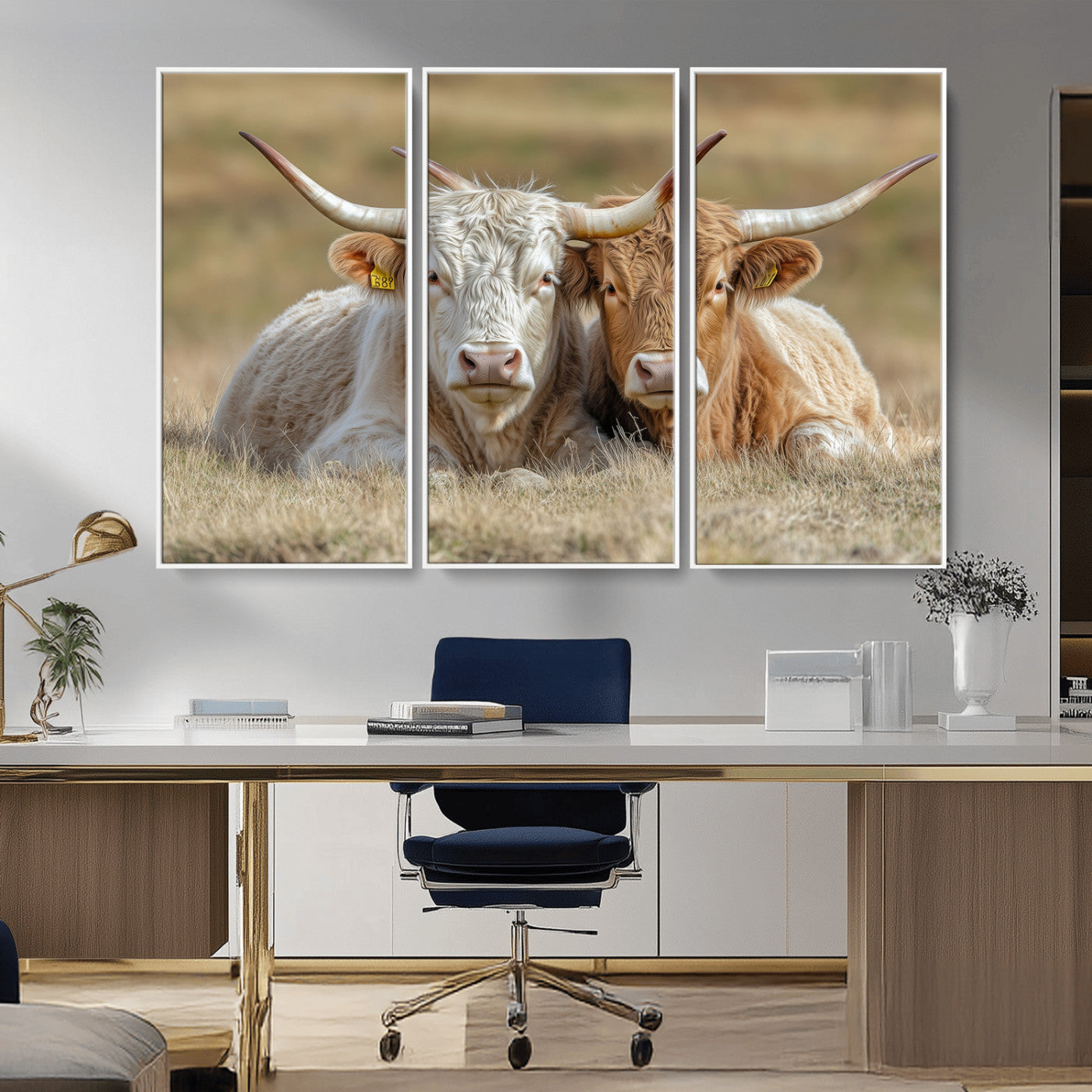 Two cows laying closely in a dry grassy field, captured in soft light, perfect for rustic farmhouse or western style home decor.