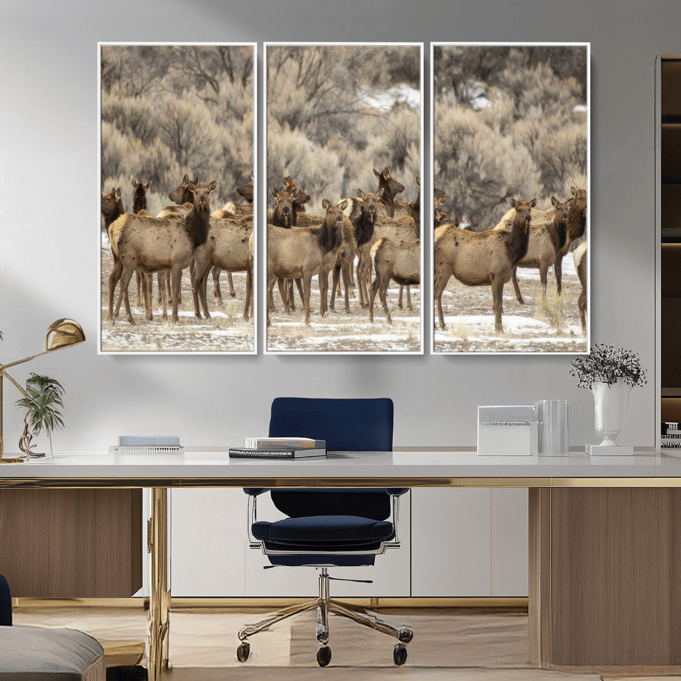 A large herd of elk standing in an open field with soft earthy tones, ideal for rustic lodge or western-themed home wall decor.