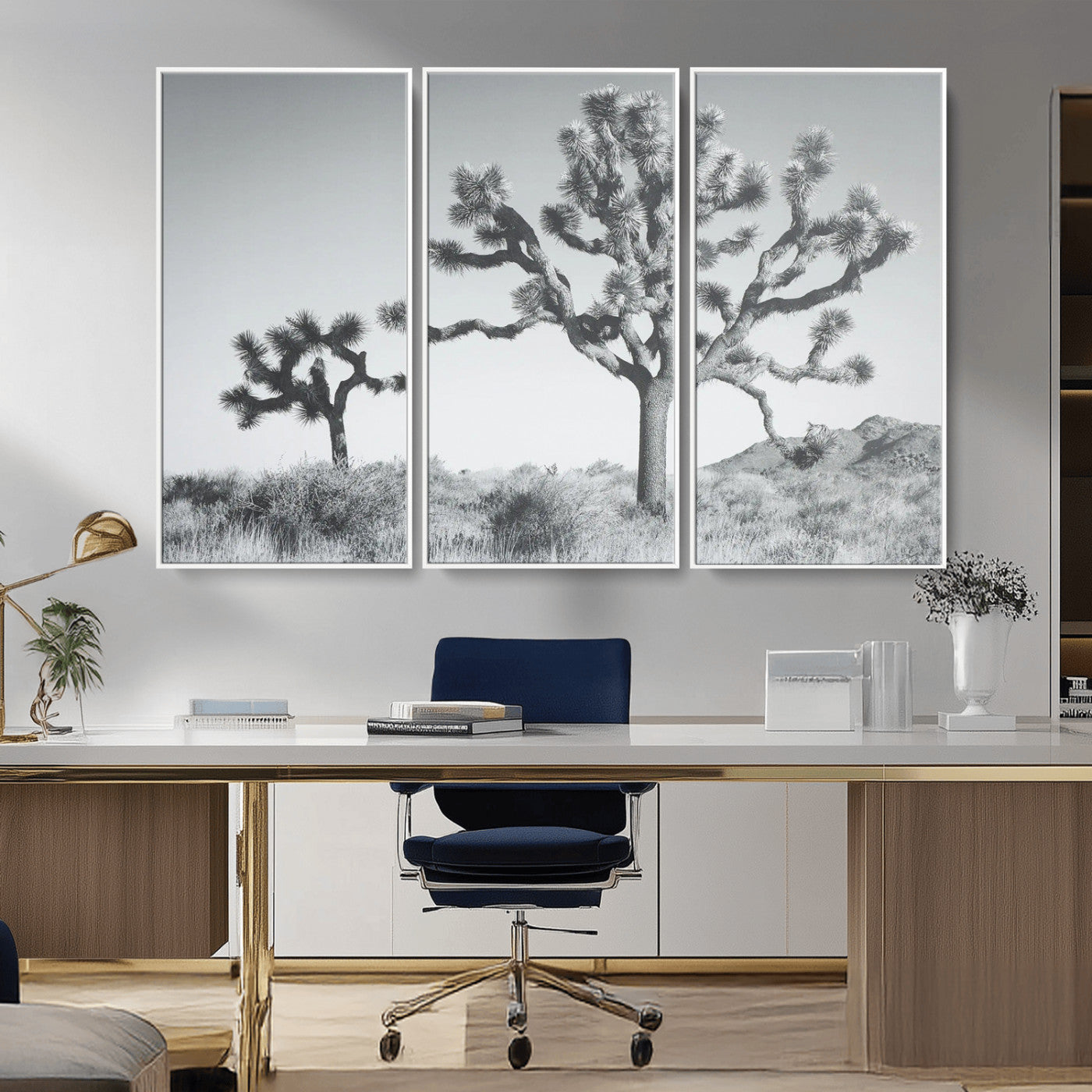 Black and white Joshua tree in a desert landscape with soft light and dry brush, perfect for rustic or minimalist home decor.