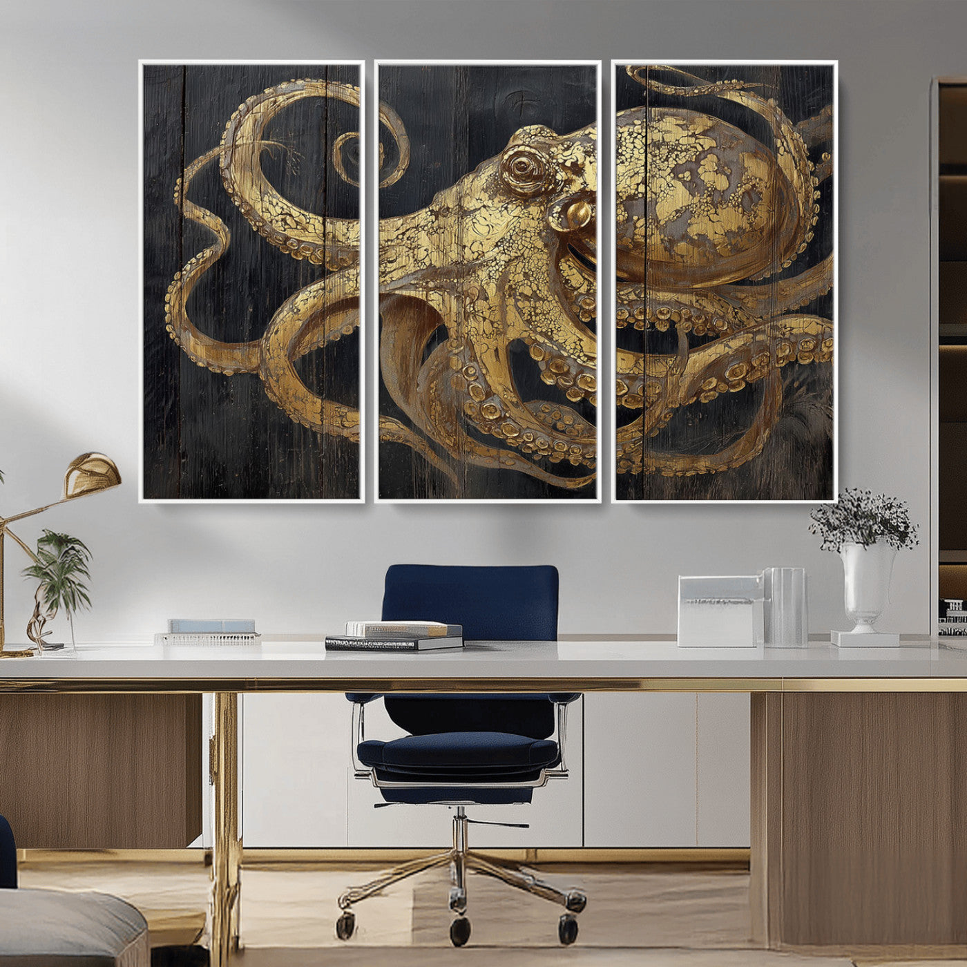 A detailed gold illustration of an octopus on black wooden planks, showing its intricate tentacles and textured skin in an artistic style.