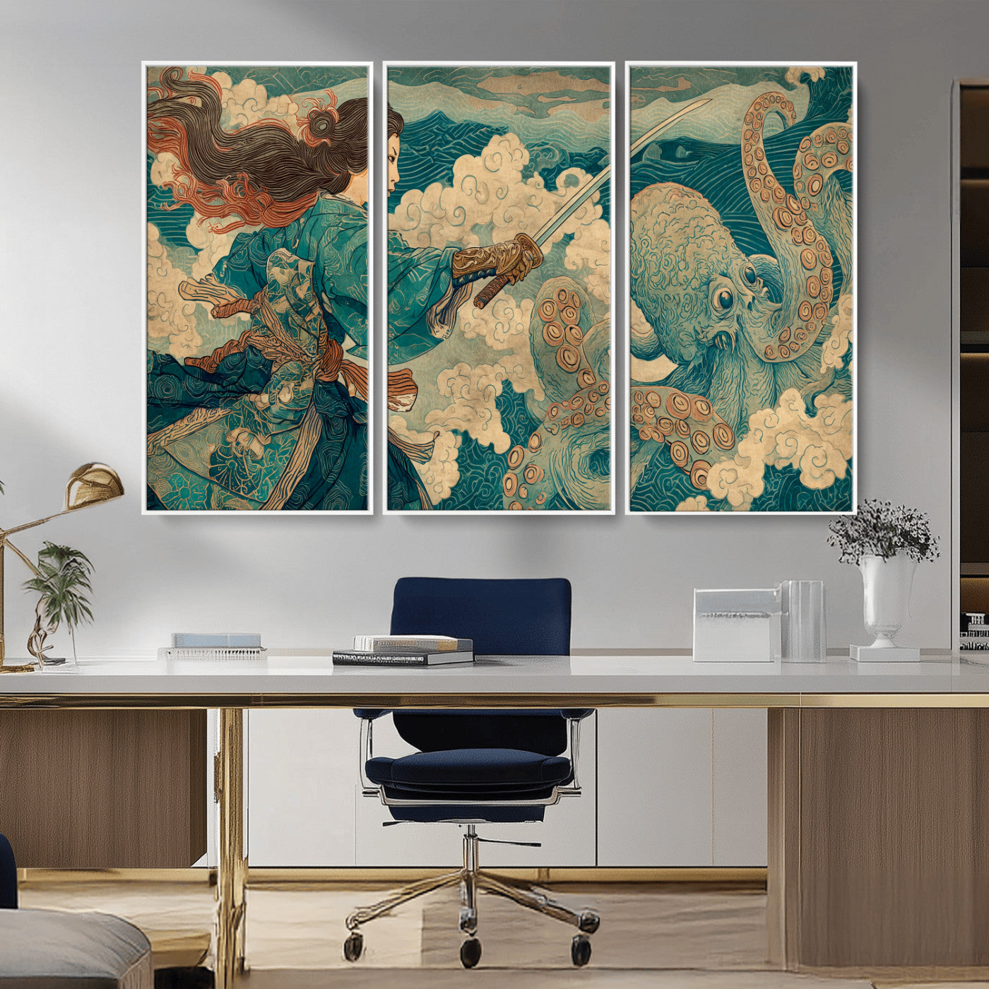 Tsukioka Yoshitoshi Samurai Wall Art Print, Japanese Katana Warrior Canvas Wall Art, Octopus Sea Monster Canvas Print,