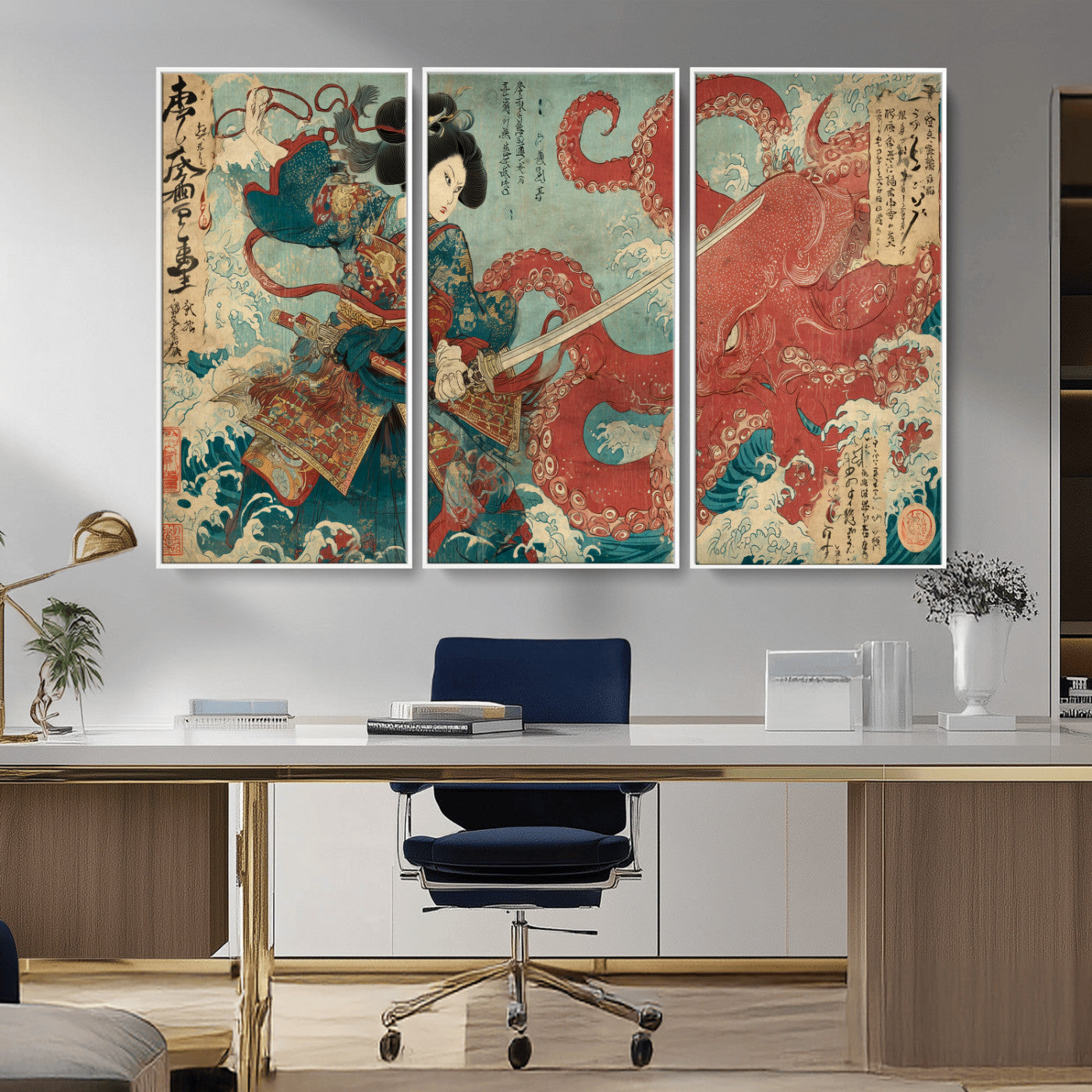 Tsukioka Yoshitoshi Samurai Wall Art Print, Japanese Katana Warrior Canvas Wall Art, Octopus Sea Monster Canvas Print,