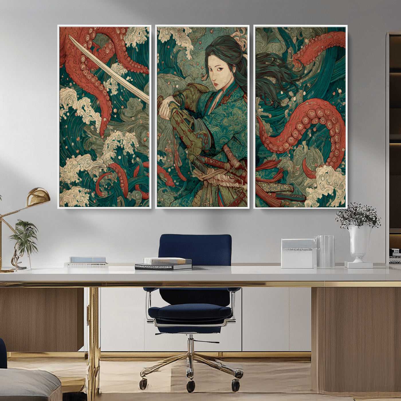 Tsukioka Yoshitoshi Samurai Wall Art Print, Japanese Katana Warrior Canvas Wall Art, Octopus Sea Monster Canvas Print,