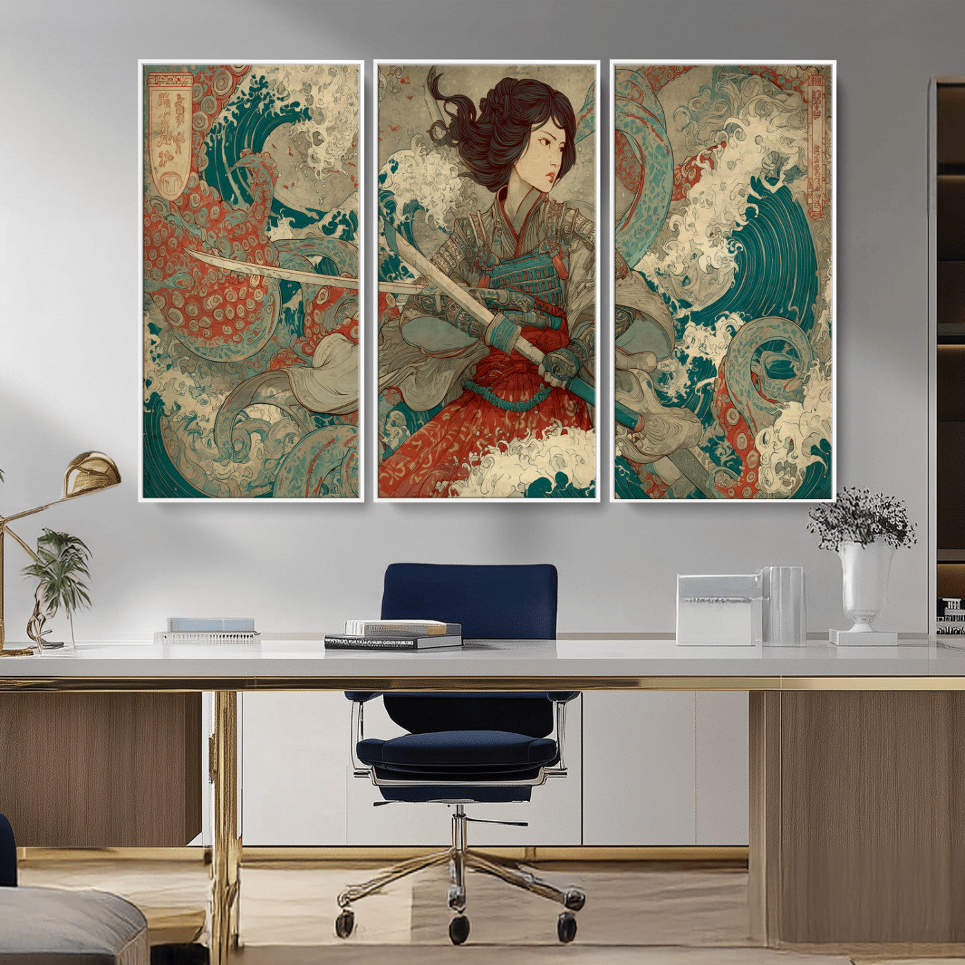 Tsukioka Yoshitoshi Samurai Wall Art Print, Japanese Katana Warrior Canvas Wall Art, Octopus Sea Monster Canvas Print,