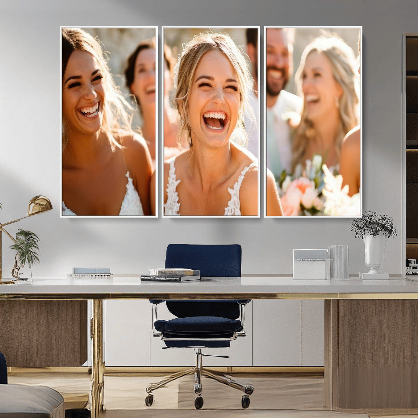MGV-FC-48X32-3P - Joyful Wedding Wall Art – Laughing Bride and Bridesmaids Canvas Print, Romantic Celebration Photography Decor for Bedroom, Living Room, or Wedding Gift