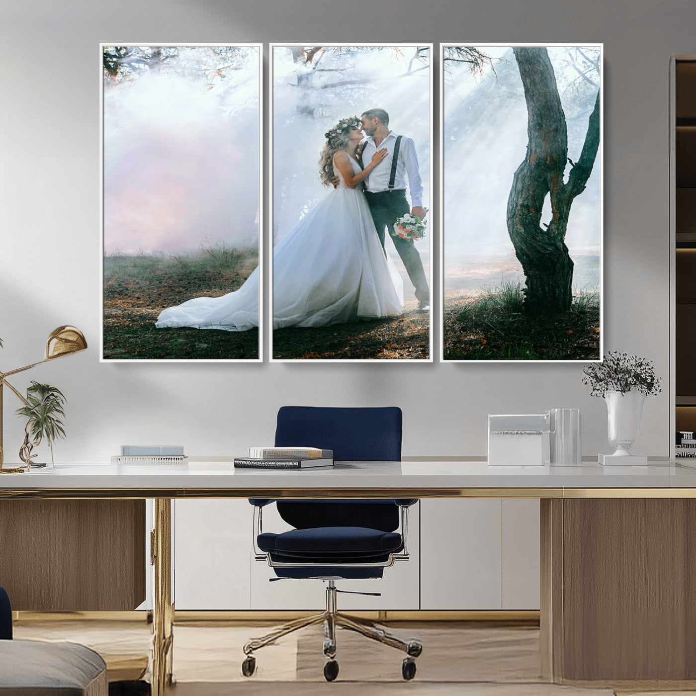 MGV-FC-48X32-3P - Forest Wedding Wall Art – Romantic Bride and Groom Canvas Print, Enchanted Woodland Photography Decor for Bedroom, Living Room, or Wedding Gift