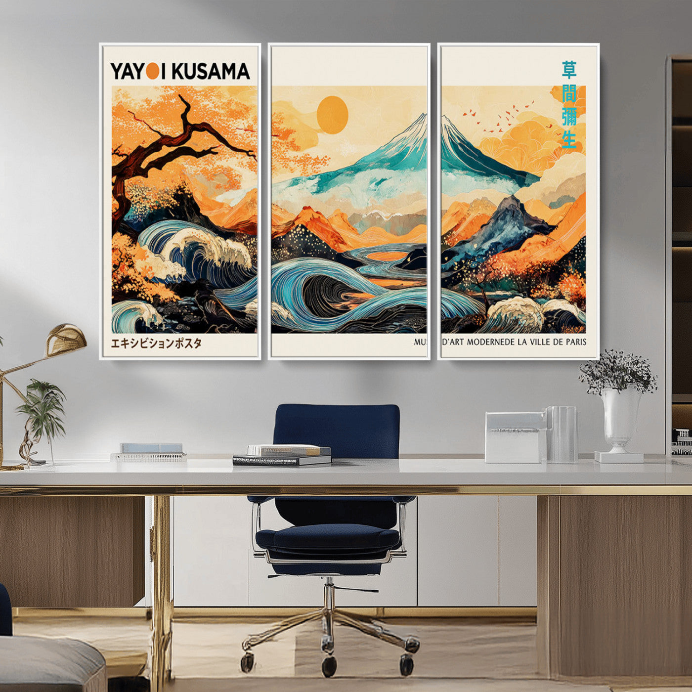 Modern Japanese-style art print featuring a stylized Mount Fuji, flowing waves, and vibrant landscapes in bold colors, inspired by traditional and contemporary aesthetics.