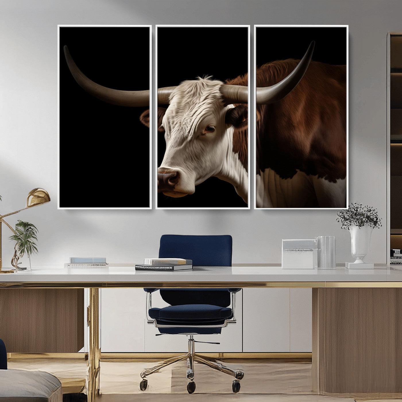 "Close-up of a brown and white longhorn cow with prominent curved horns against a black background."