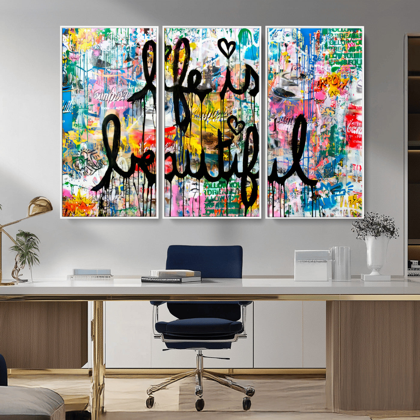 Colorful urban-style canvas with graffiti text “Life is Beautiful” in black paint, ideal for bold or street-themed home decor.