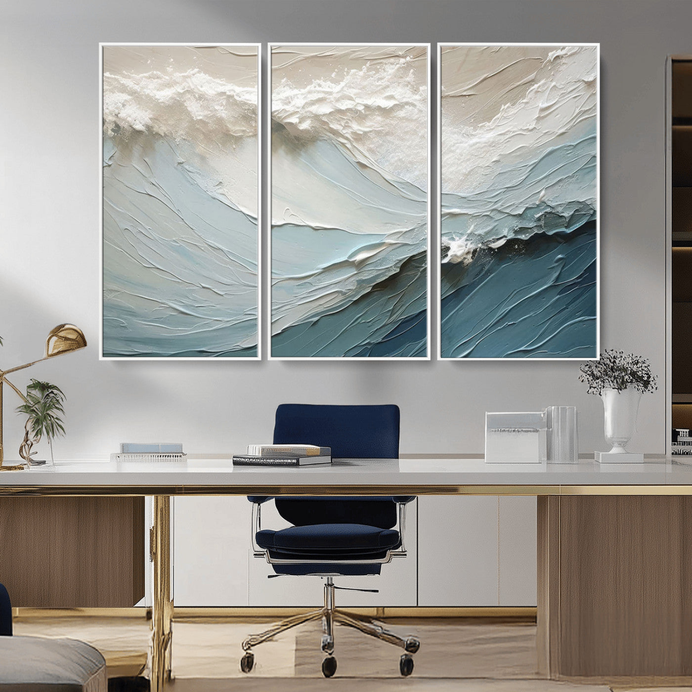 Textured canvas of ocean waves in soft coastal blues and creamy whites, ideal for modern or minimalist coastal-style interiors.