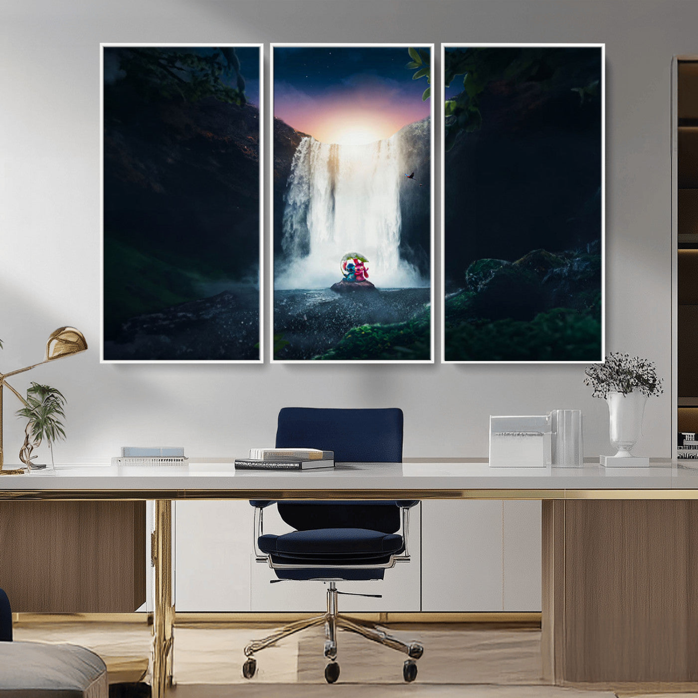 Romantic scene of Stitch and Angel sitting under a leaf in front of a glowing waterfall, ideal for tropical or fantasy-themed decor.