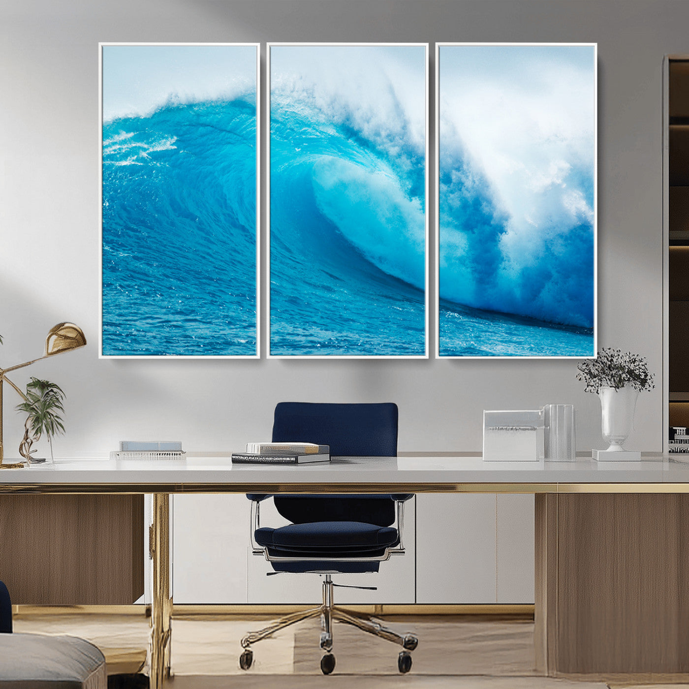 Vibrant canvas of a powerful curling ocean wave in tropical blue tones, perfect for coastal or surf-inspired decor settings.