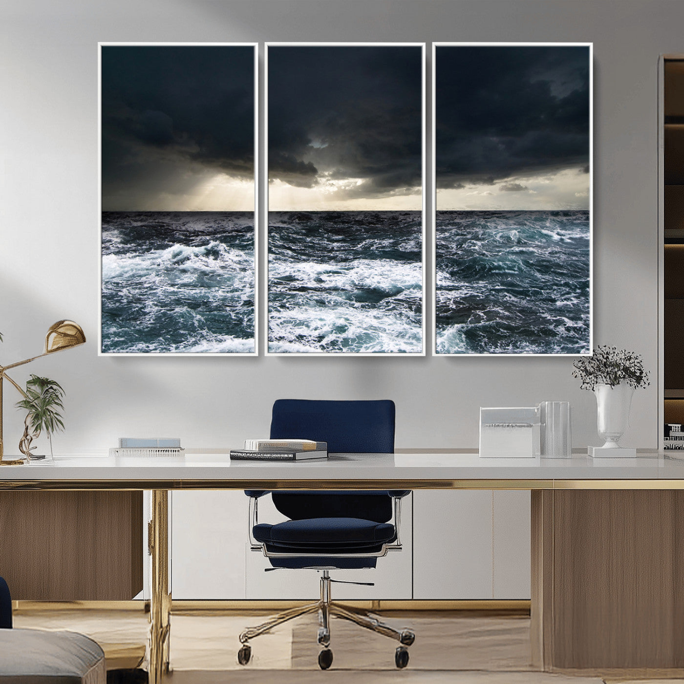 Moody ocean scene with stormy skies and crashing waves, perfect for dramatic or coastal-style home wall decor.