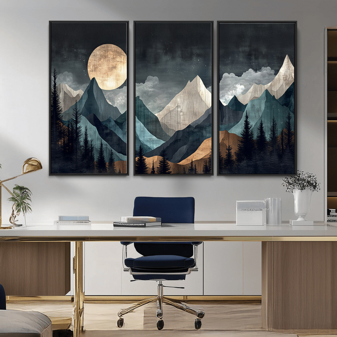 Stylized canvas of layered mountains under a full moon in neutral moody tones, ideal for nature-inspired or modern rustic interiors.