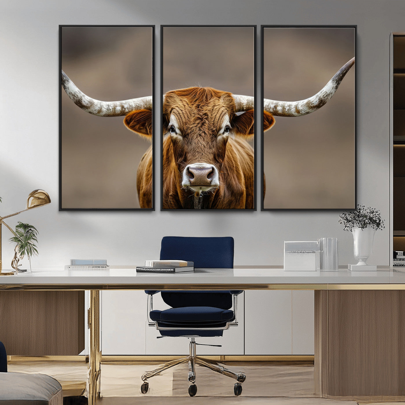 Close-up of a Texas Longhorn with strong curved horns and warm brown tones, perfect for rustic or western-style wall decor.