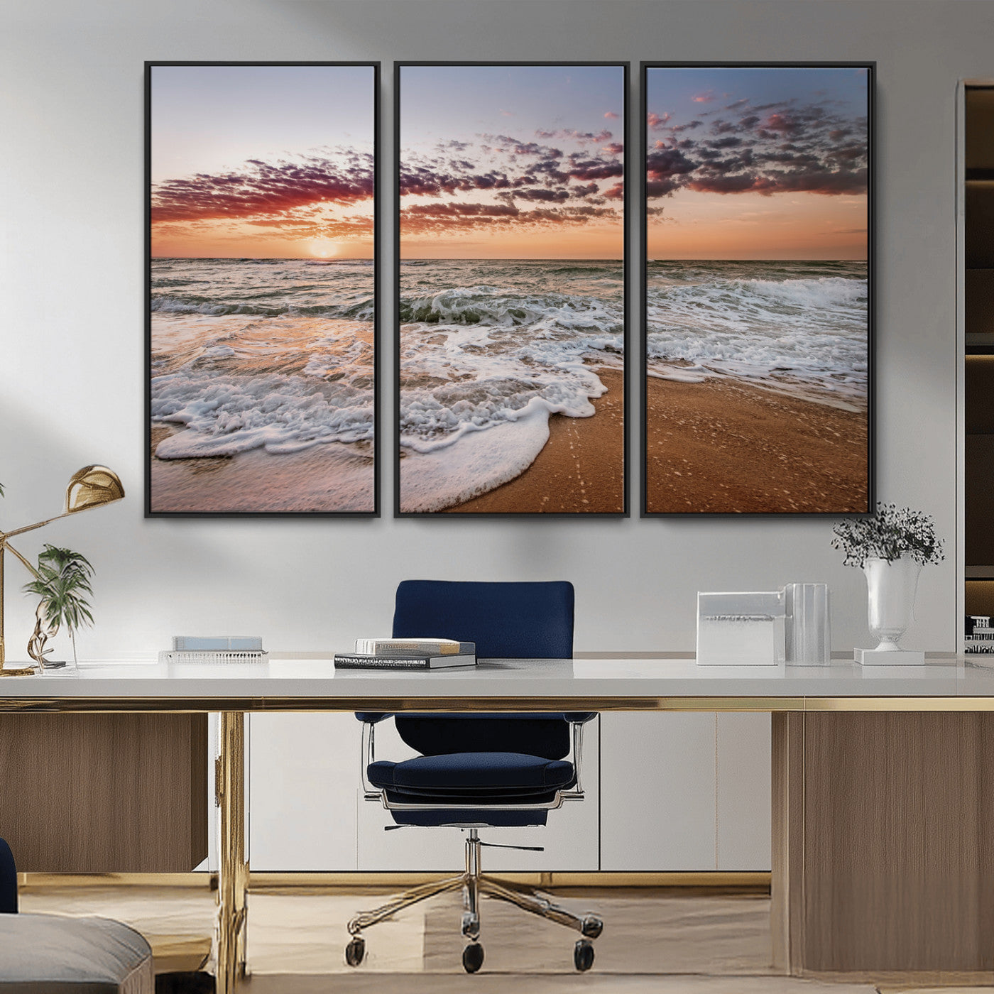 Canvas of a sunset over a foamy ocean shore with warm light and gentle waves, ideal for coastal or beach-themed home decor.