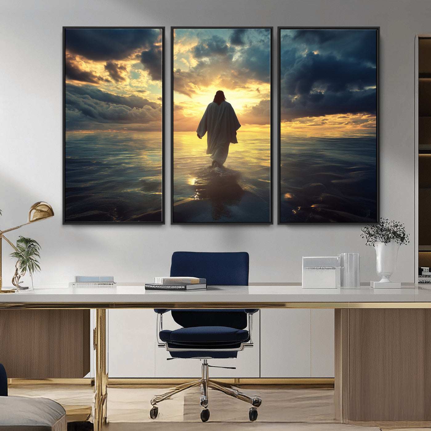 Spiritual artwork of Jesus walking on water at golden hour with divine light, ideal for Christian home decor or prayer room.