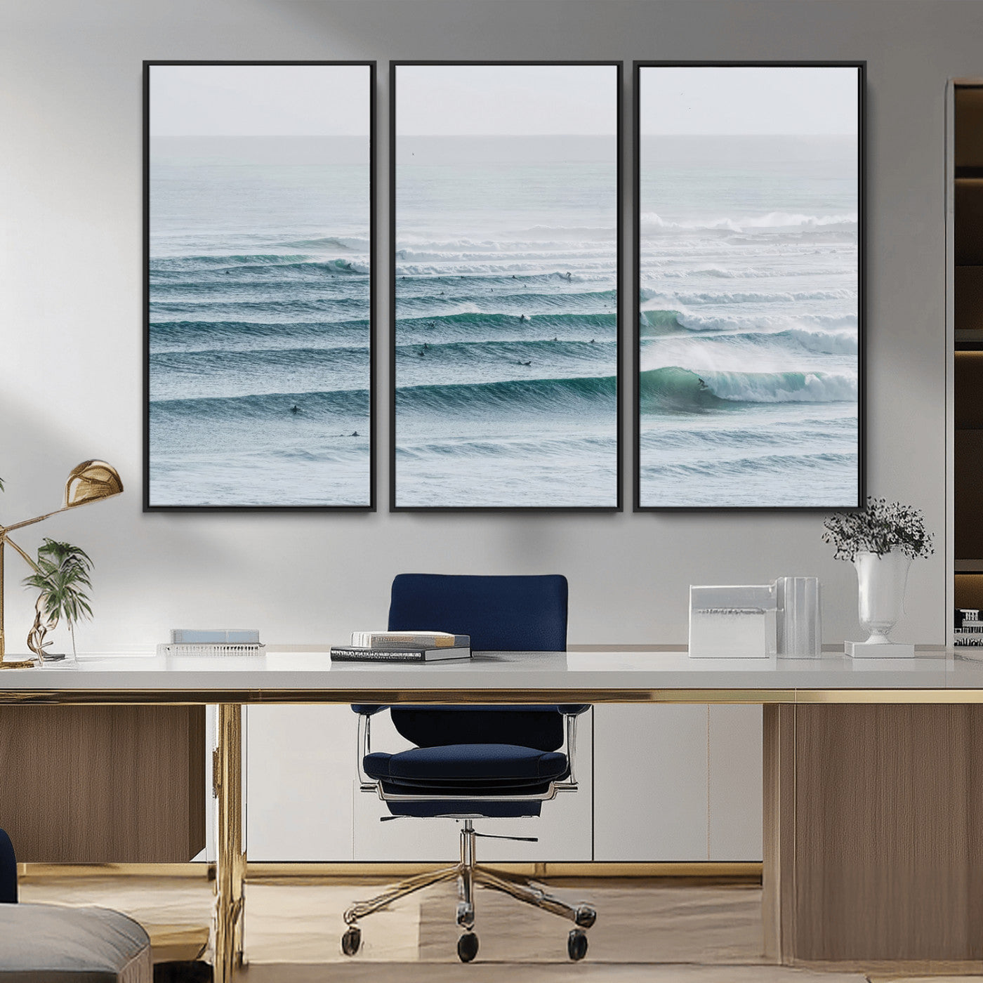 High-angle view of surfers lining up across layered ocean waves, ideal for minimal coastal or surf-inspired room decor.