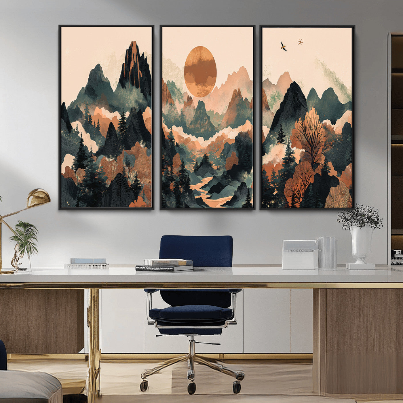 Mountain Landscape Wall Art Print - Sunset Hills Canvas Print, featuring an abstract nature scene with earthy tones and misty peaks, perfect for boho and modern decor.