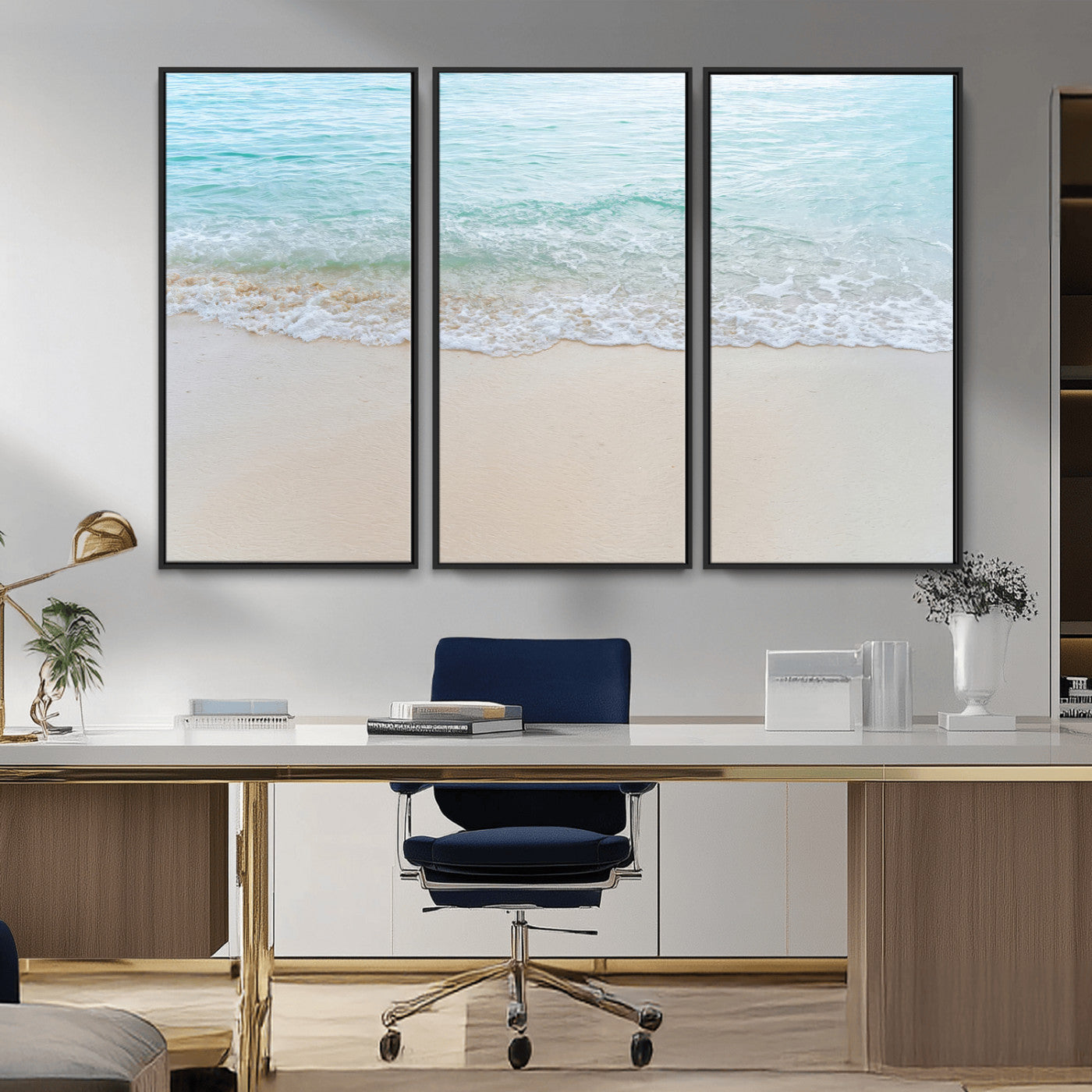 Soft shoreline with gentle aqua waves on smooth sand, ideal for minimalist coastal or pastel ocean-inspired home wall decor.