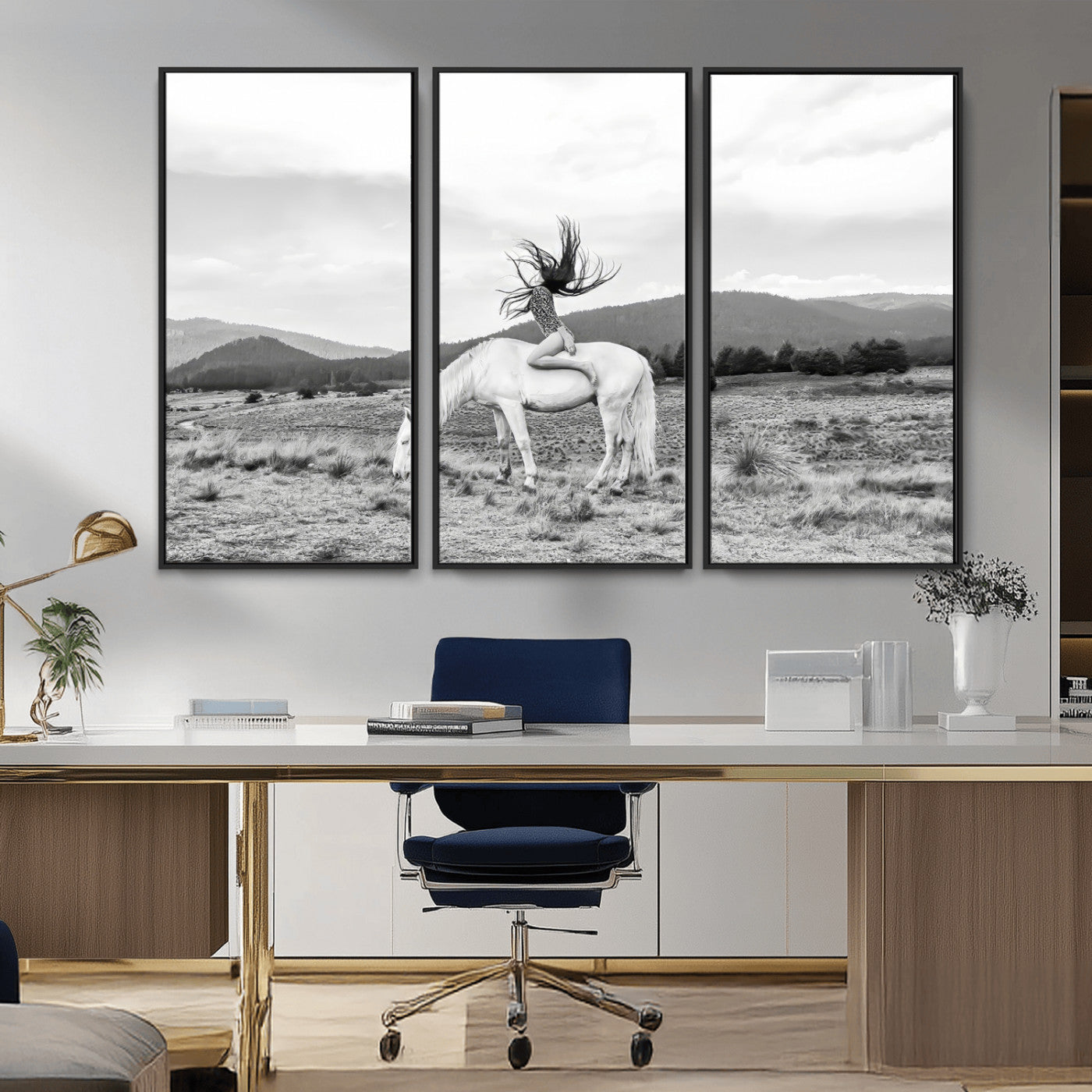 Black and white photo of a woman on a white horse in moody tones, ideal for Western Boho or modern rustic-style home decor.