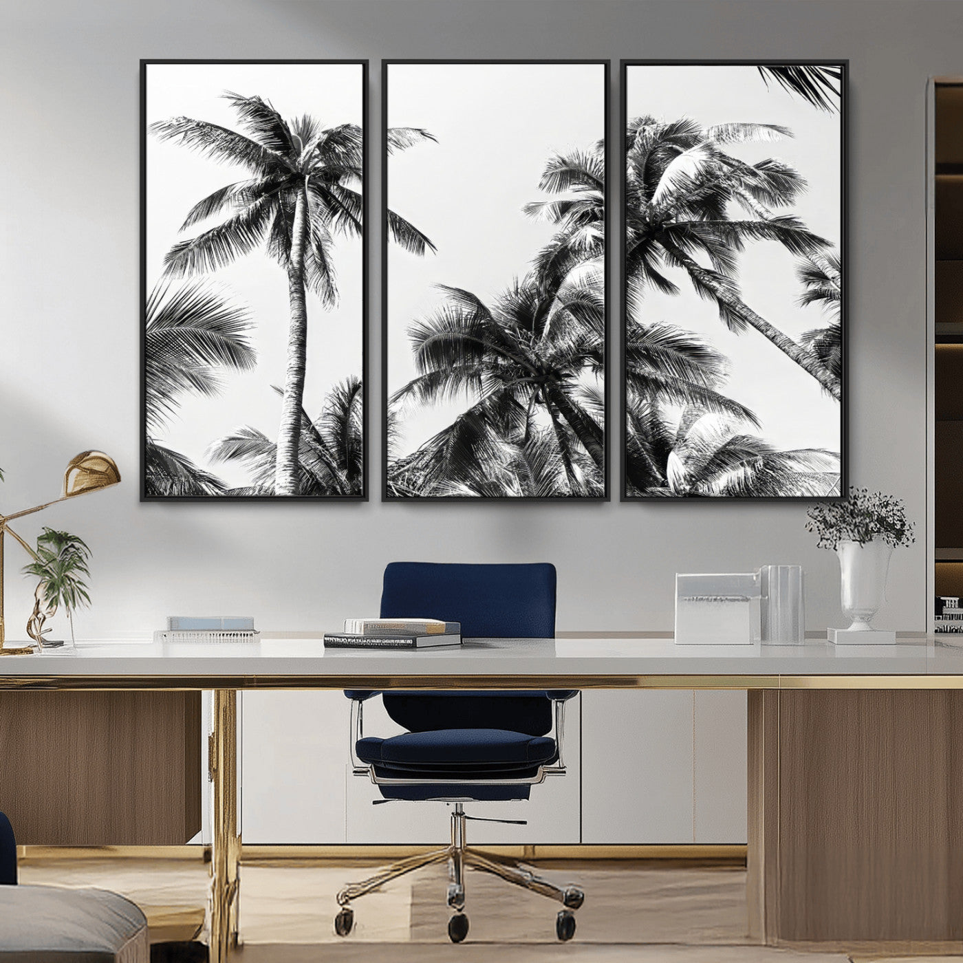 Black and white canvas of tall palm trees in moody tones, perfect for modern tropical minimalist or coastal-style home decor.