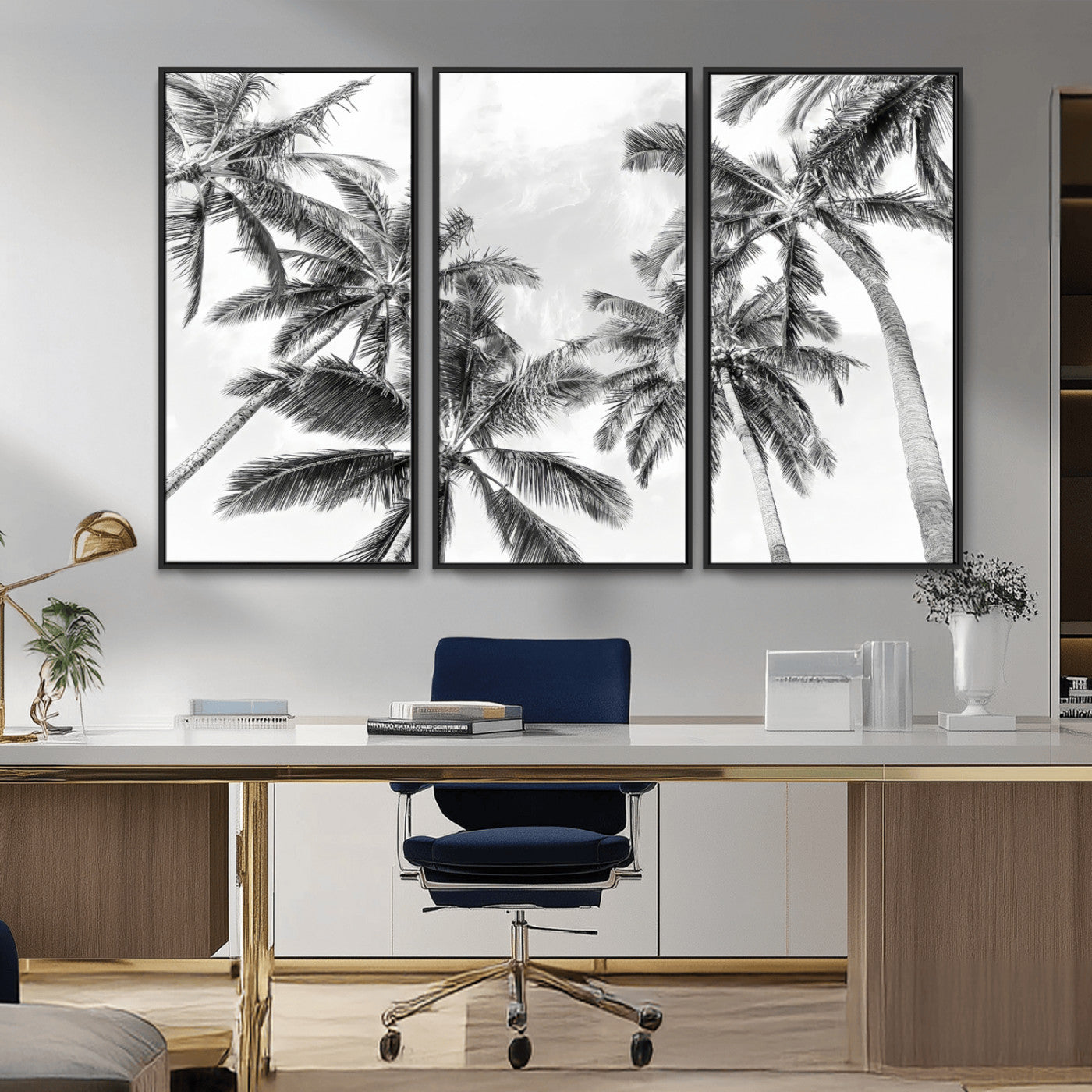 Black and white tropical palm trees viewed from below, swaying gently against a bright sky, creating a serene and elegant coastal atmosphere.