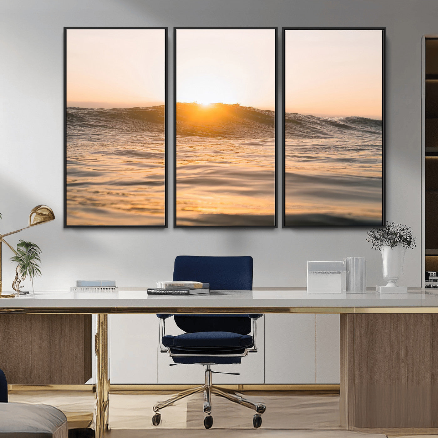 Ocean waves glowing under a warm golden sunset, reflecting soft light and calm movement, perfect for warm minimalist coastal interiors.